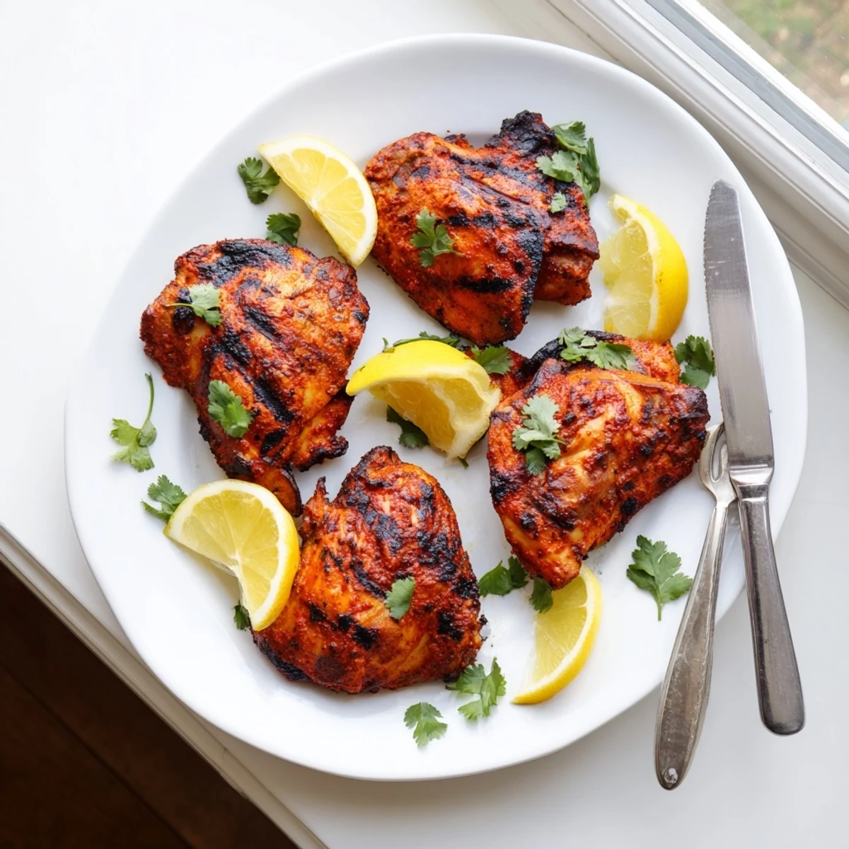 Succulent Indian-style Grilled Tandoori Chicken thighs with yogurt-spice marinade and lemon wedges on a rustic wooden board