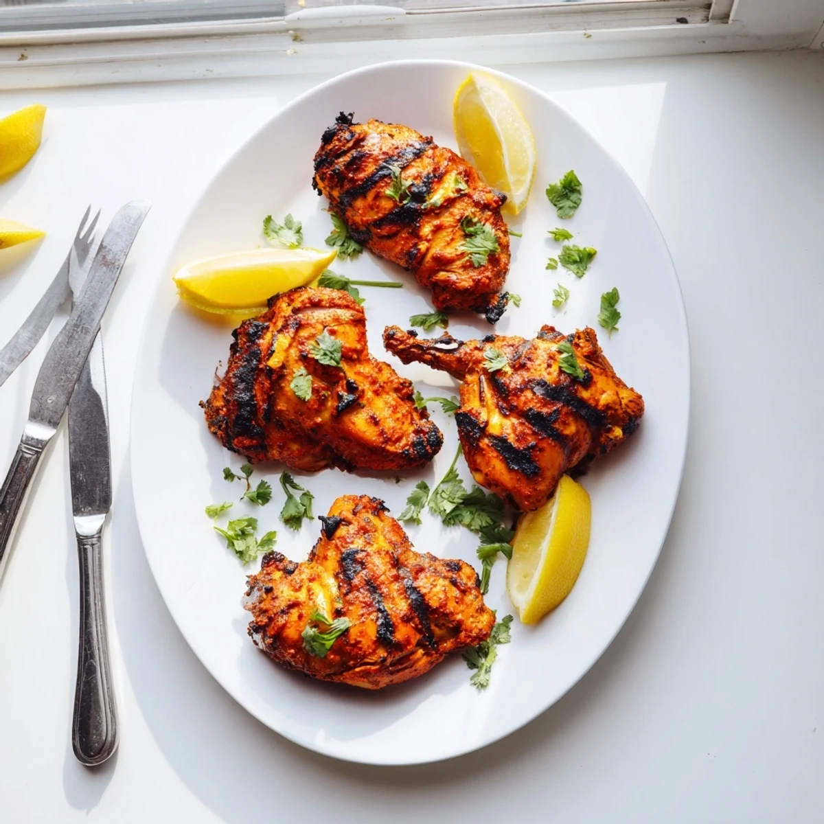 Perfectly grilled Grilled Tandoori Chicken featuring golden brown charred edges and vibrant green cilantro topping
