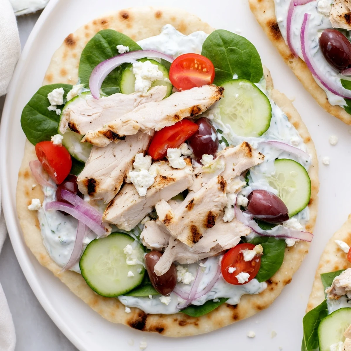 Golden Greek chicken flatbread loaded with colorful vegetables, tangy feta, and cool tzatziki sauce