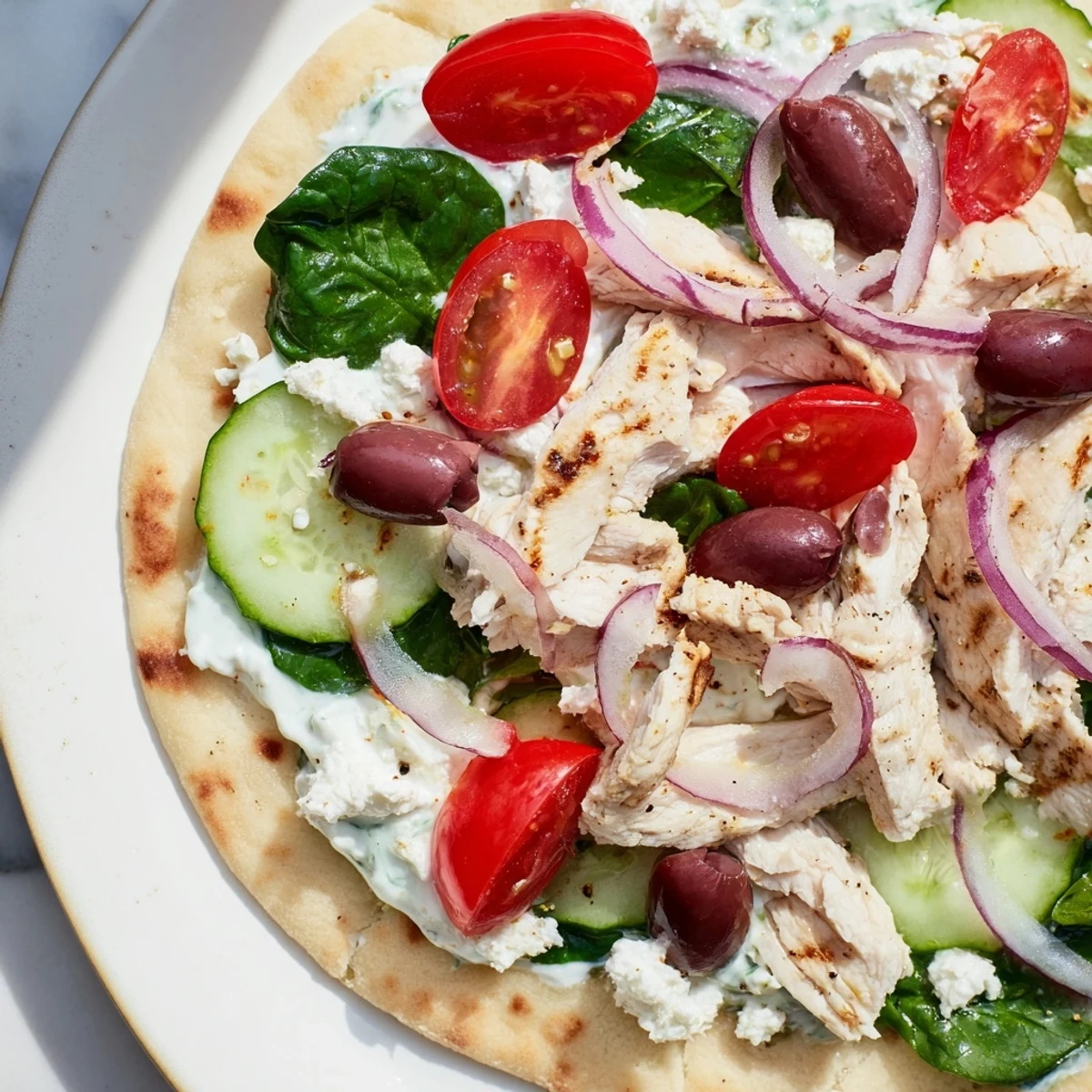 Mediterranean-style flatbread topped with marinated grilled chicken slices, fresh tomatoes, cucumber, olives, and creamy tzatziki
