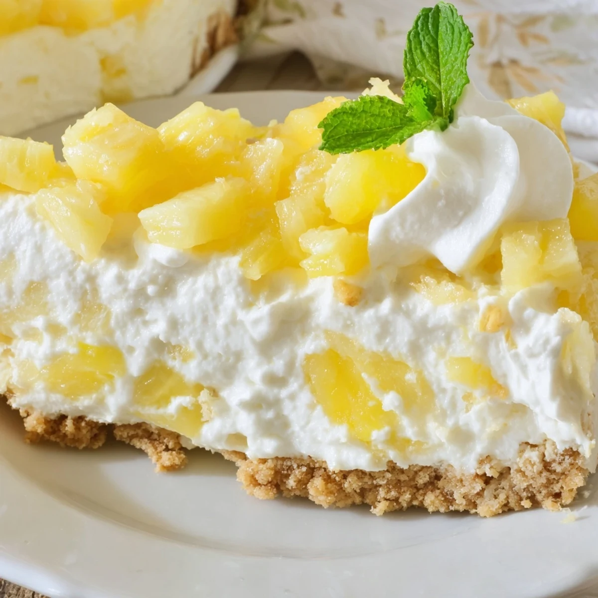 No bake pineapple cheesecake dessert featuring tangy pineapple filling over buttery graham cracker crust on a white plate