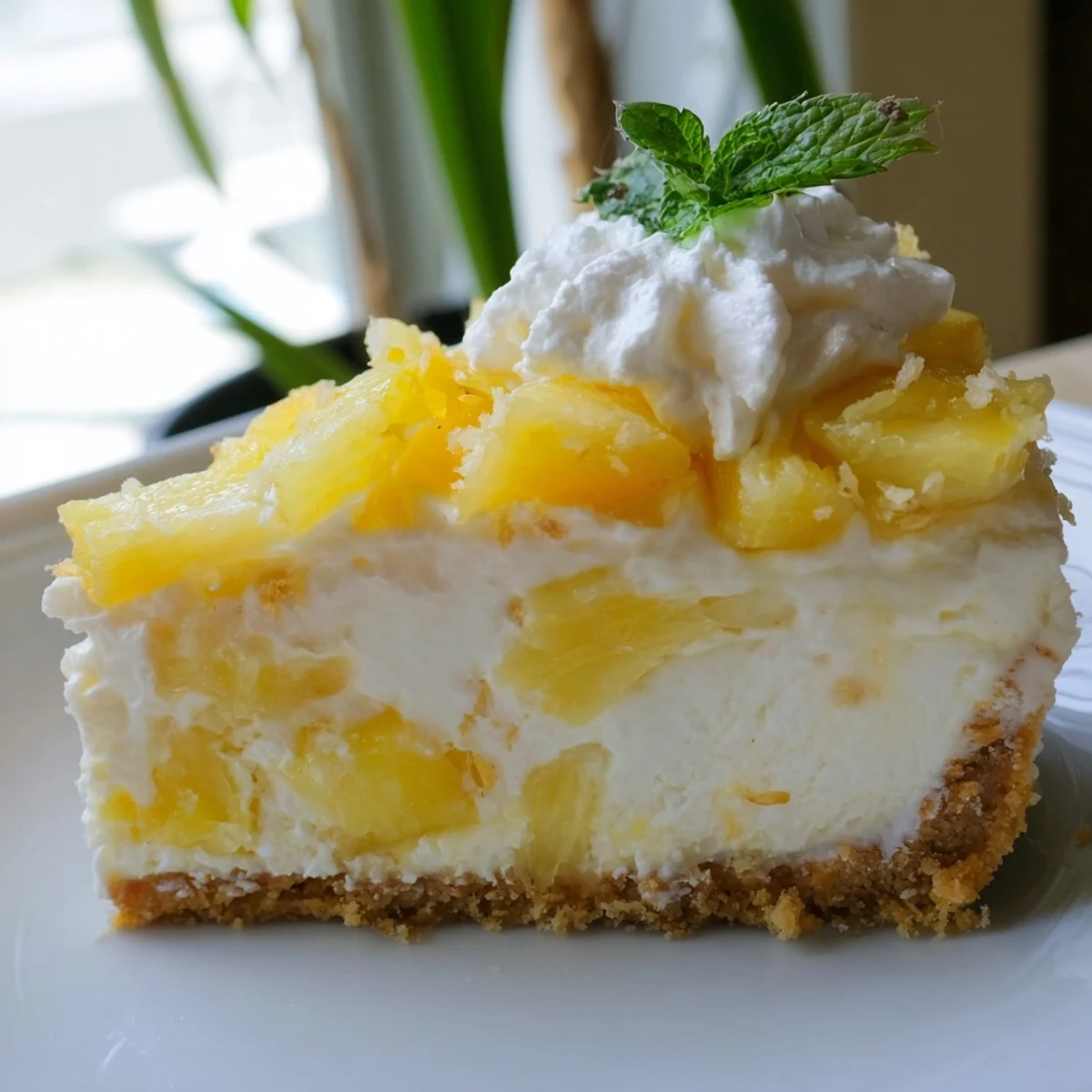 Creamy no bake pineapple cheesecake slice with graham cracker crust topped with fresh crushed pineapple and mint garnish