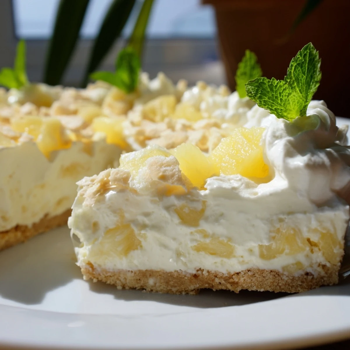 Golden graham cracker crust base supports fluffy no bake pineapple cheesecake garnished with whipped cream and pineapple pieces