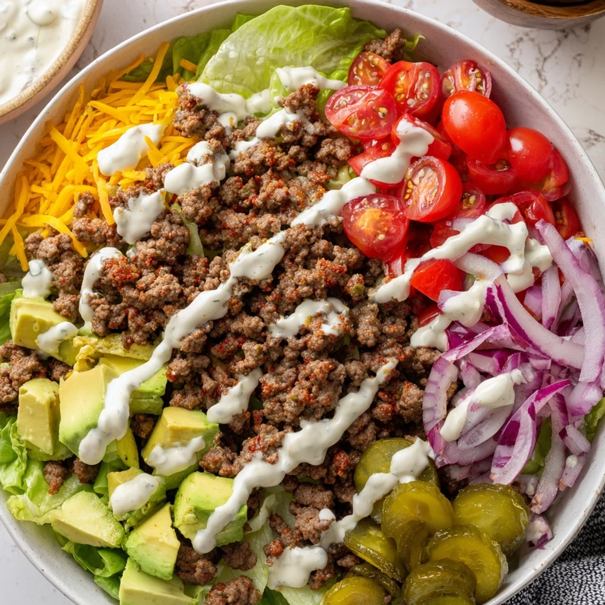Burger bowls arranged in serving bowls with romaine, pickles, ground beef, and tangy burger sauce drizzle