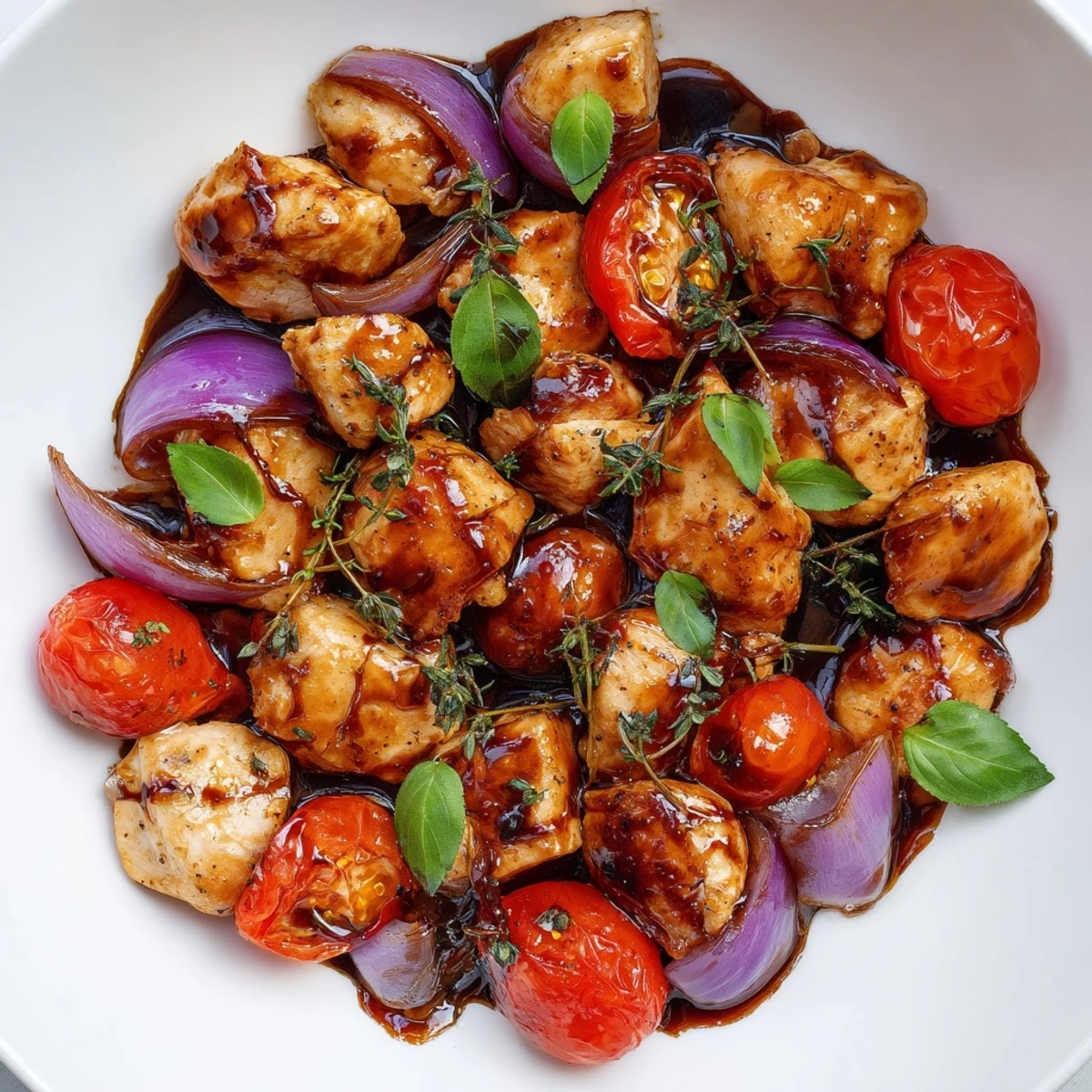 Golden chicken breasts in a rich balsamic glaze with cherry tomatoes and fresh basil garnish