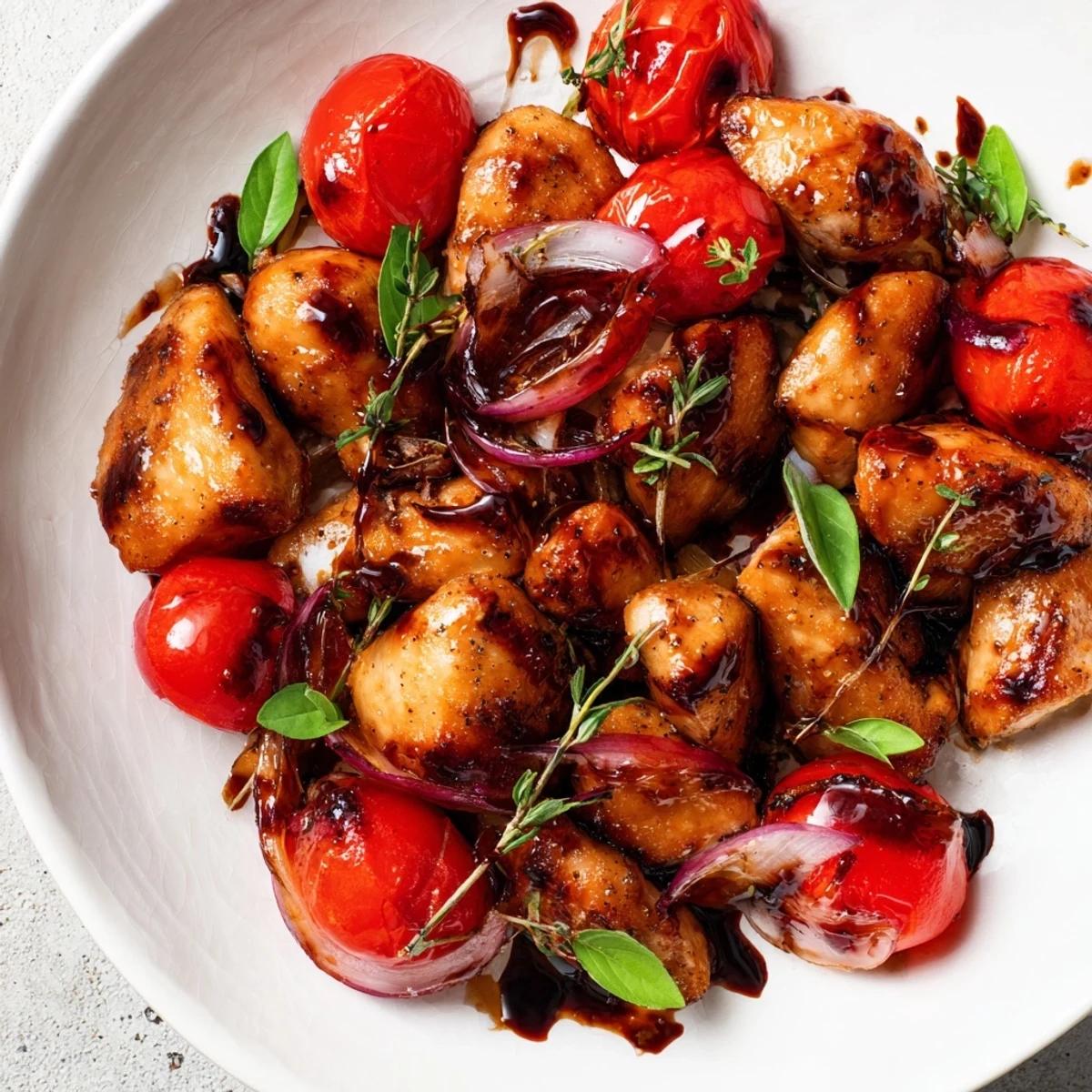 Tender one pan juicy chicken with balsamic sauce served over roasted red onions and herbs