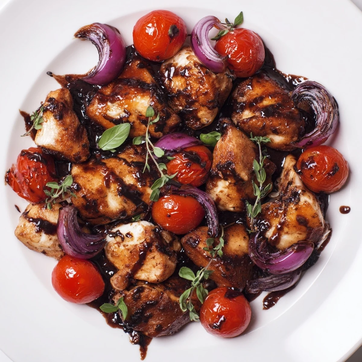 Succulent chicken simmered in sweet balsamic vinegar with garlic tomatoes and thyme in a skillet