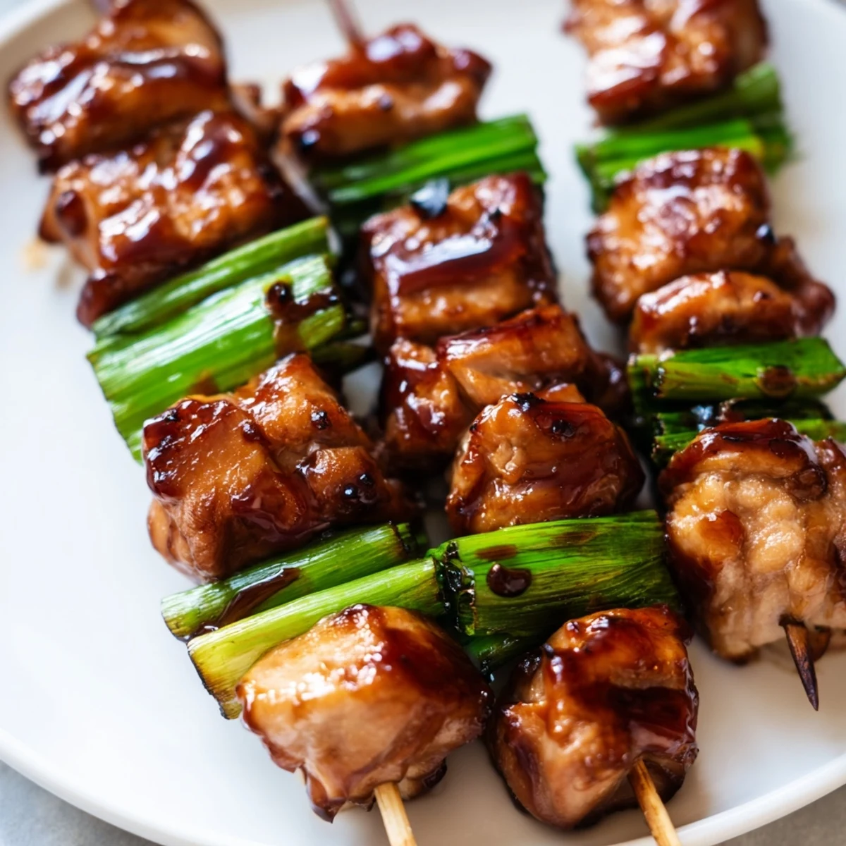 Golden glazed chicken yakitori skewers grilled to perfection with scallions and glossy tare sauce dripping
