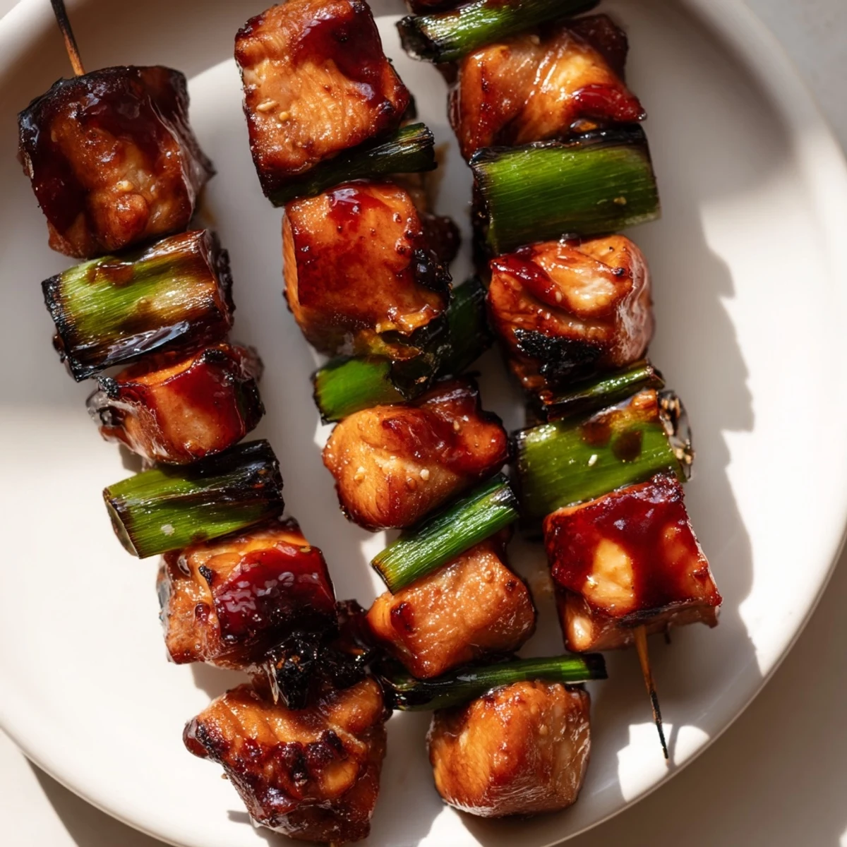 Japanese chicken yakitori on bamboo sticks featuring charred juicy meat pieces and vibrant green onion segments