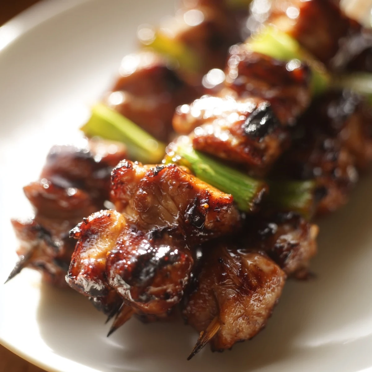 Savory chicken yakitori basted with sweet soy mirin sauce served hot off the grill with scallions