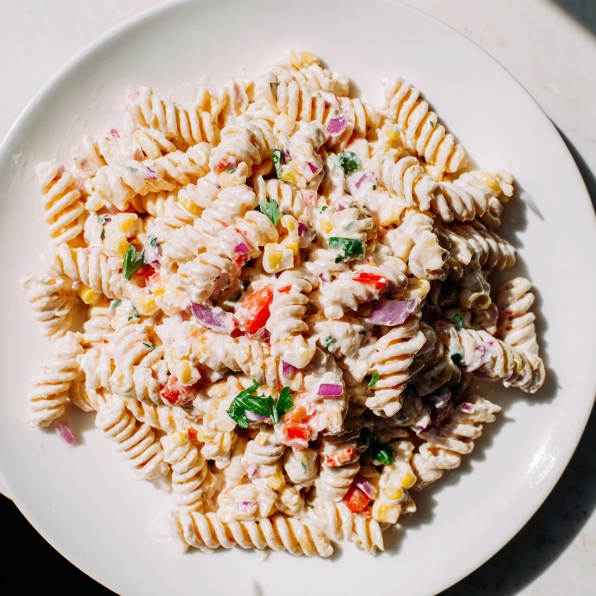 Colorful Juicy Street Corn Pasta Salad loaded with charred corn, creamy dressing and crumbly cotija cheese