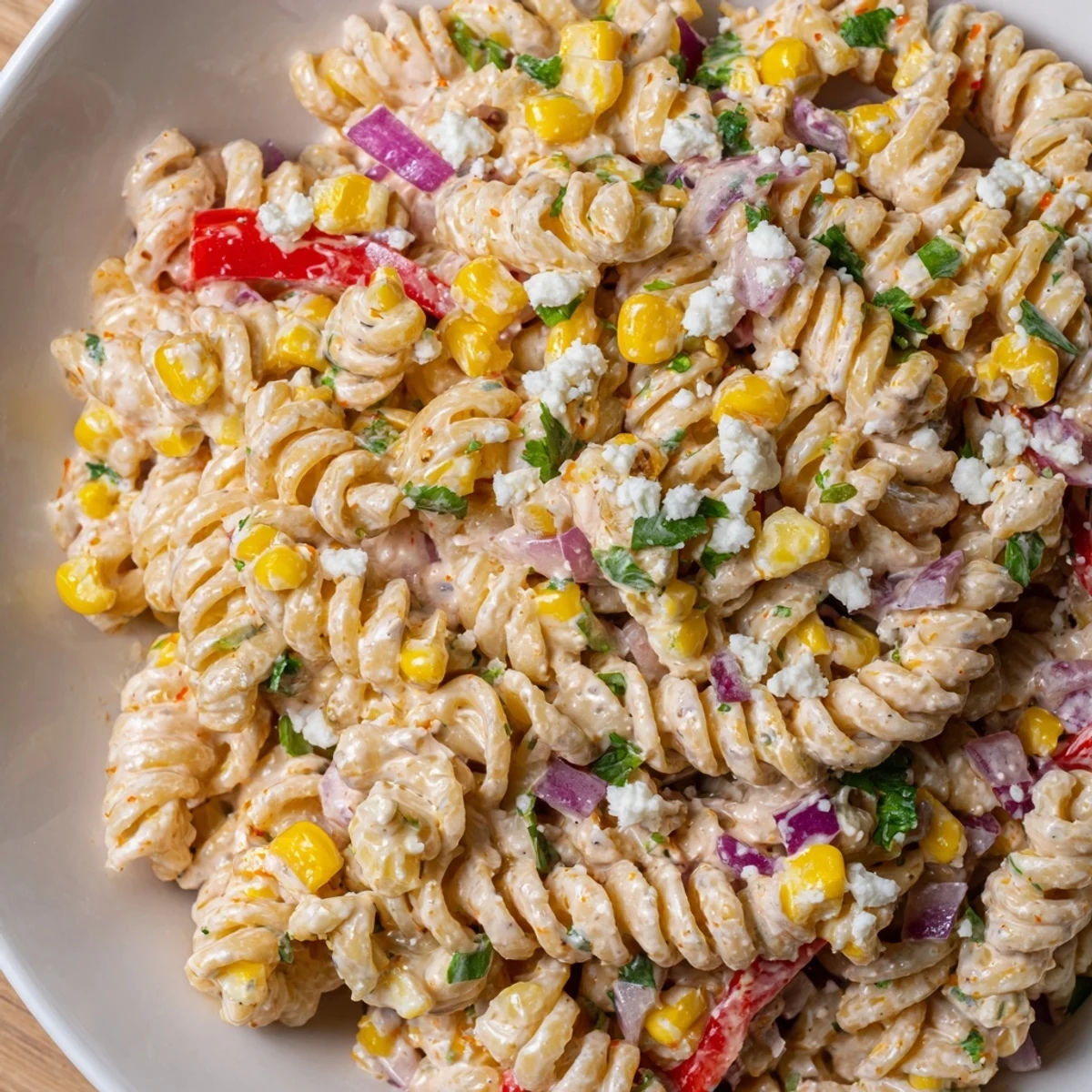 Golden corn pasta salad with red bell peppers, jalapeño and tangy cream sauce in white bowl