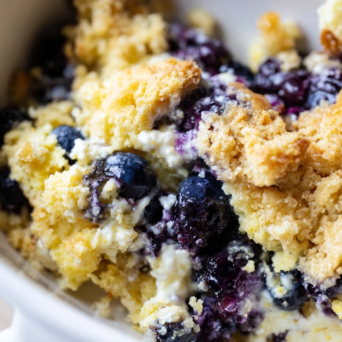 Lemon blueberry cheesecake dump cake served warm with creamy swirls and bubbling blueberry layers