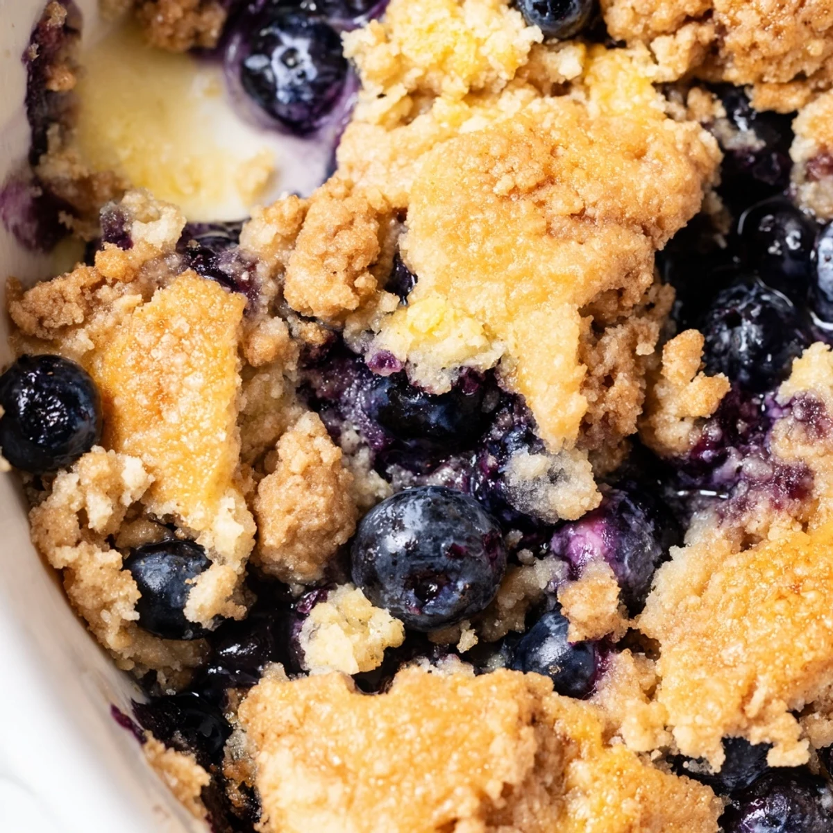 Golden lemon blueberry cheesecake dump cake topped with melted butter and bursting fruity filling