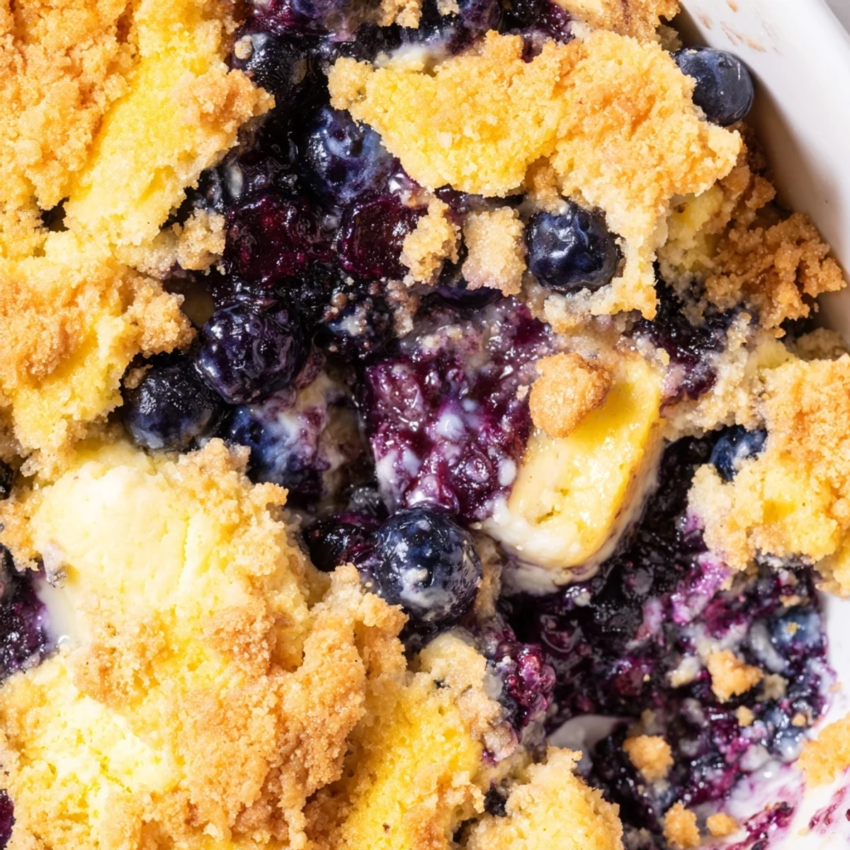Baked lemon blueberry cheesecake dump cake displaying golden crumbly texture over rich fruit filling