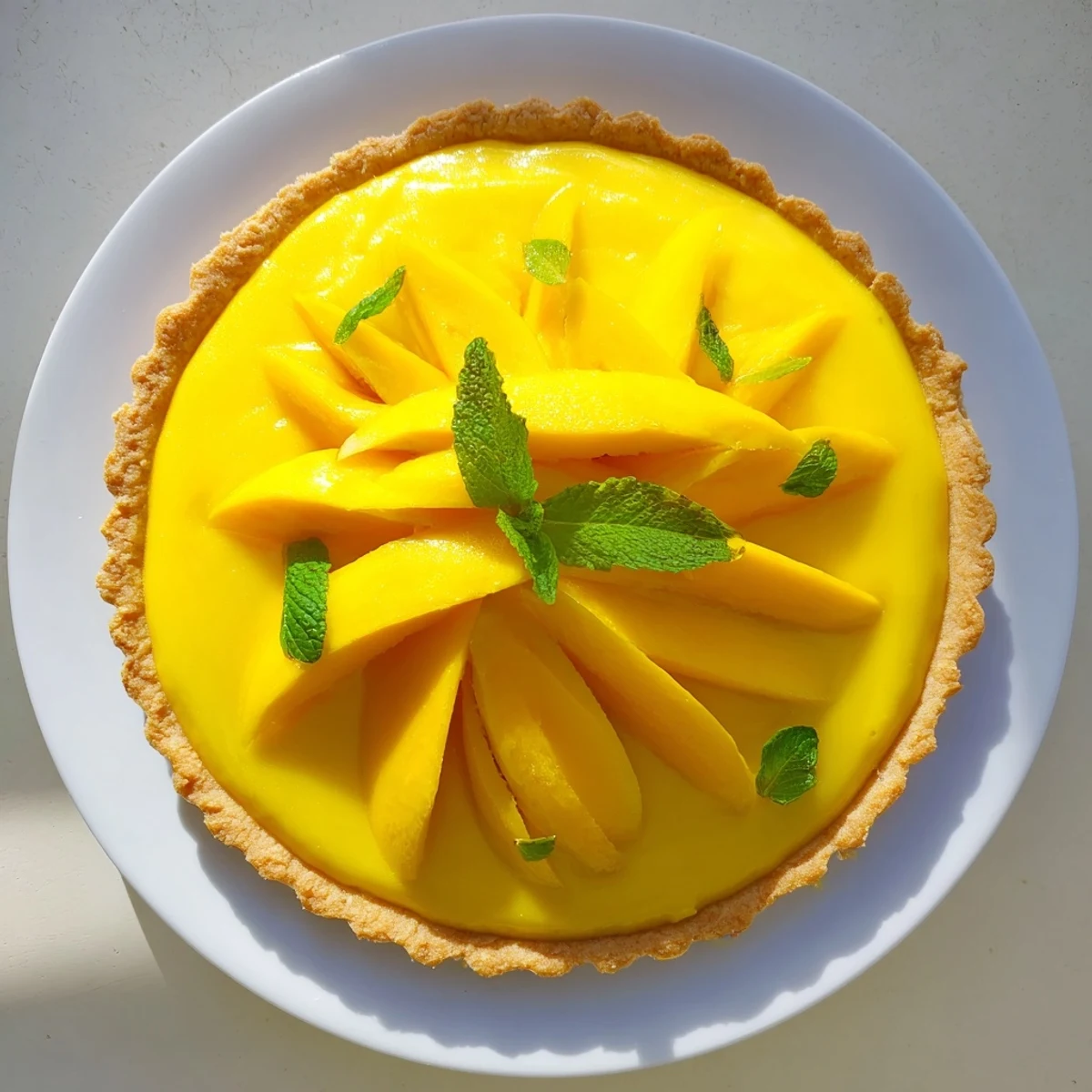 Elegant homemade mango curd tart topped with fresh fruit wedges and edible flowers displayed on a rustic wooden board