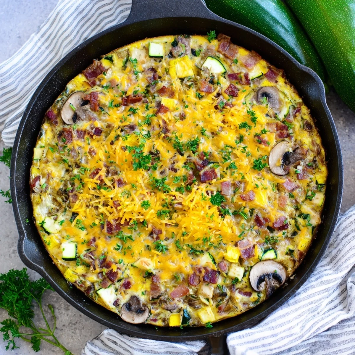 Golden mushroom zucchini and bacon family frittata served warm on a white ceramic plate