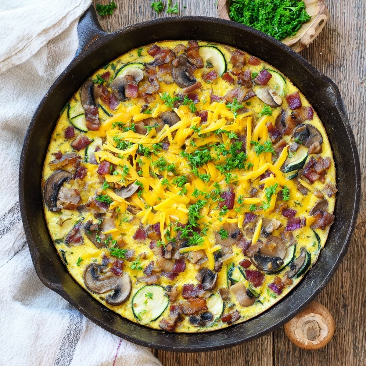 Savory baked frittata loaded with smoky bacon, tender zucchini slices, and melted cheddar cheese