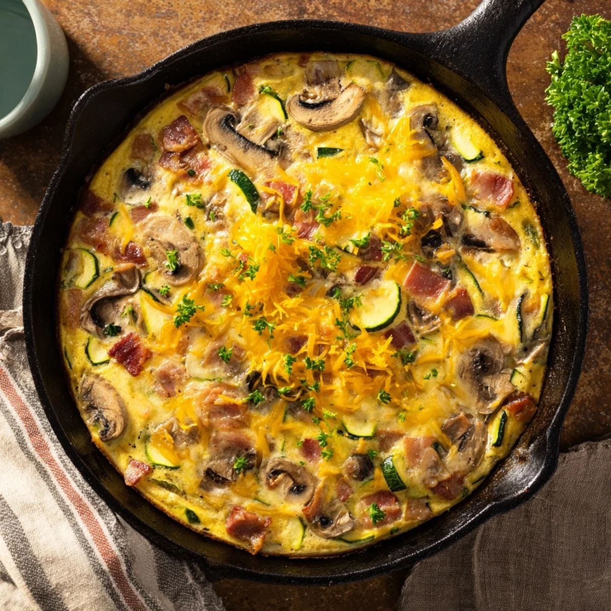 Fluffy egg frittata with mushrooms, crispy bacon bits, and fresh parsley garnish on a rustic wooden board