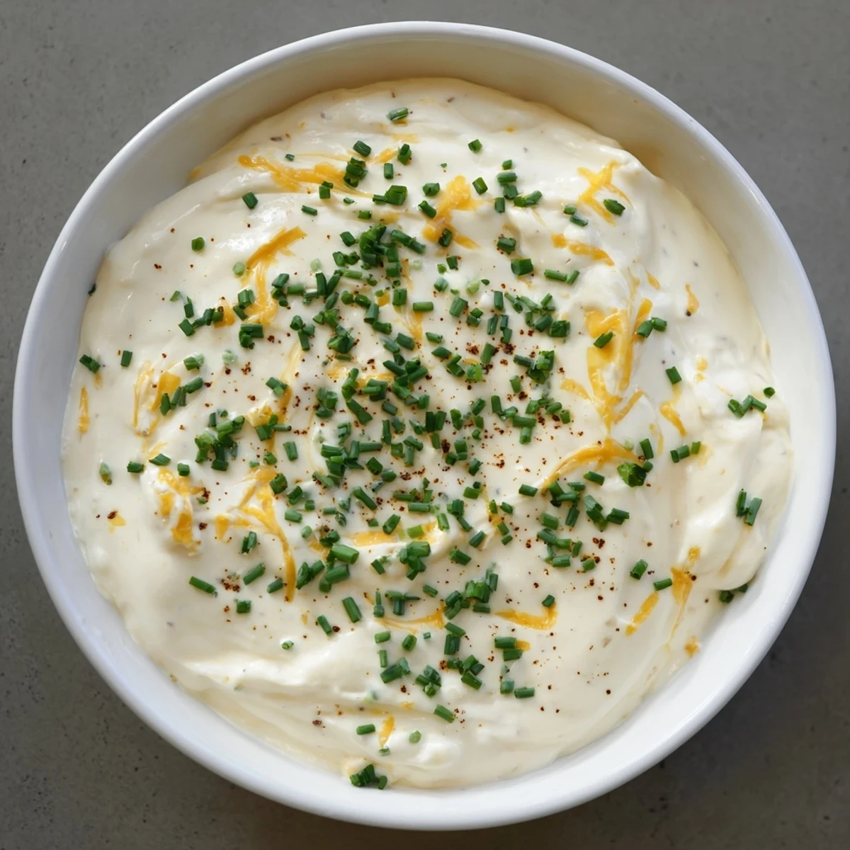 Rich cheddar savory pretzel dip in white serving bowl with Dijon mustard swirl