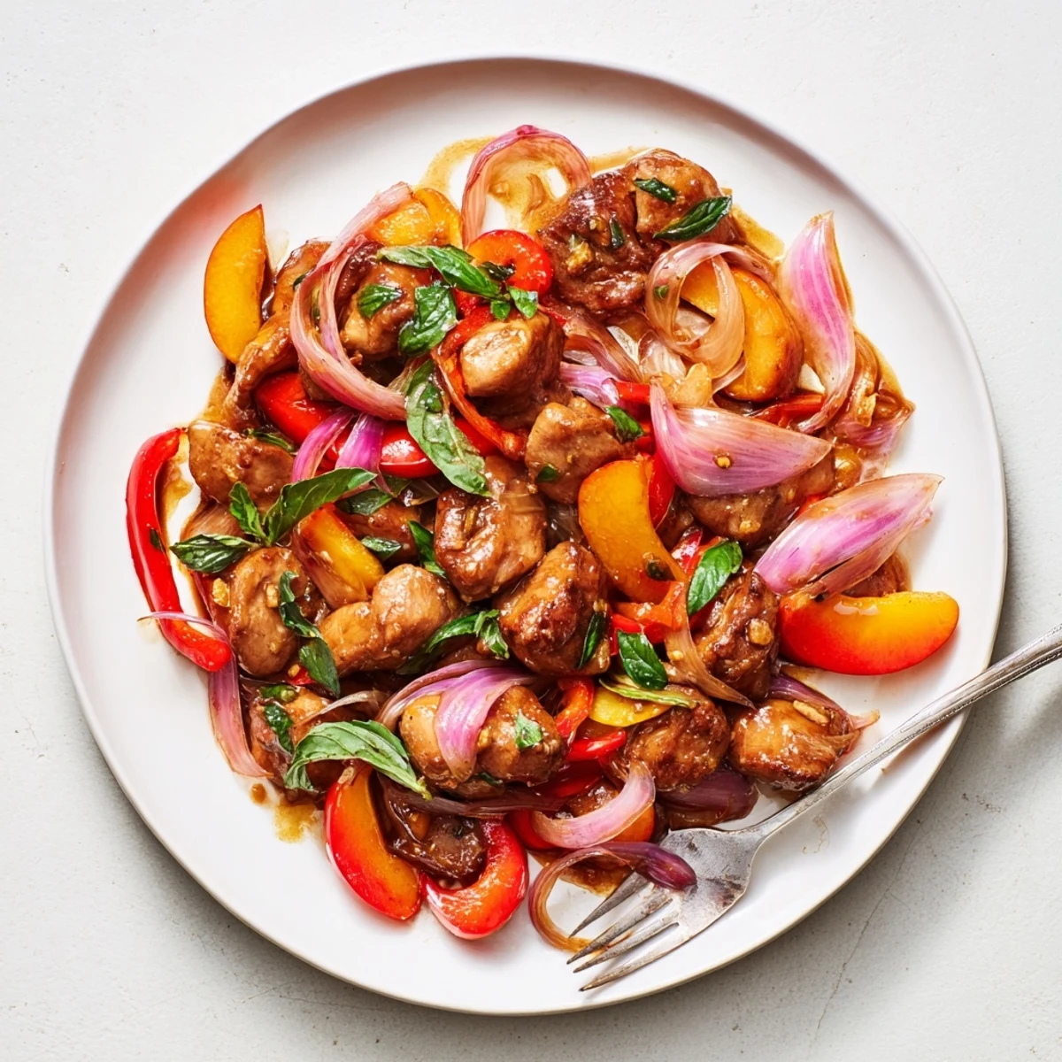 Golden Thai peach chicken with tender meat, colorful bell peppers, and fresh basil garnish