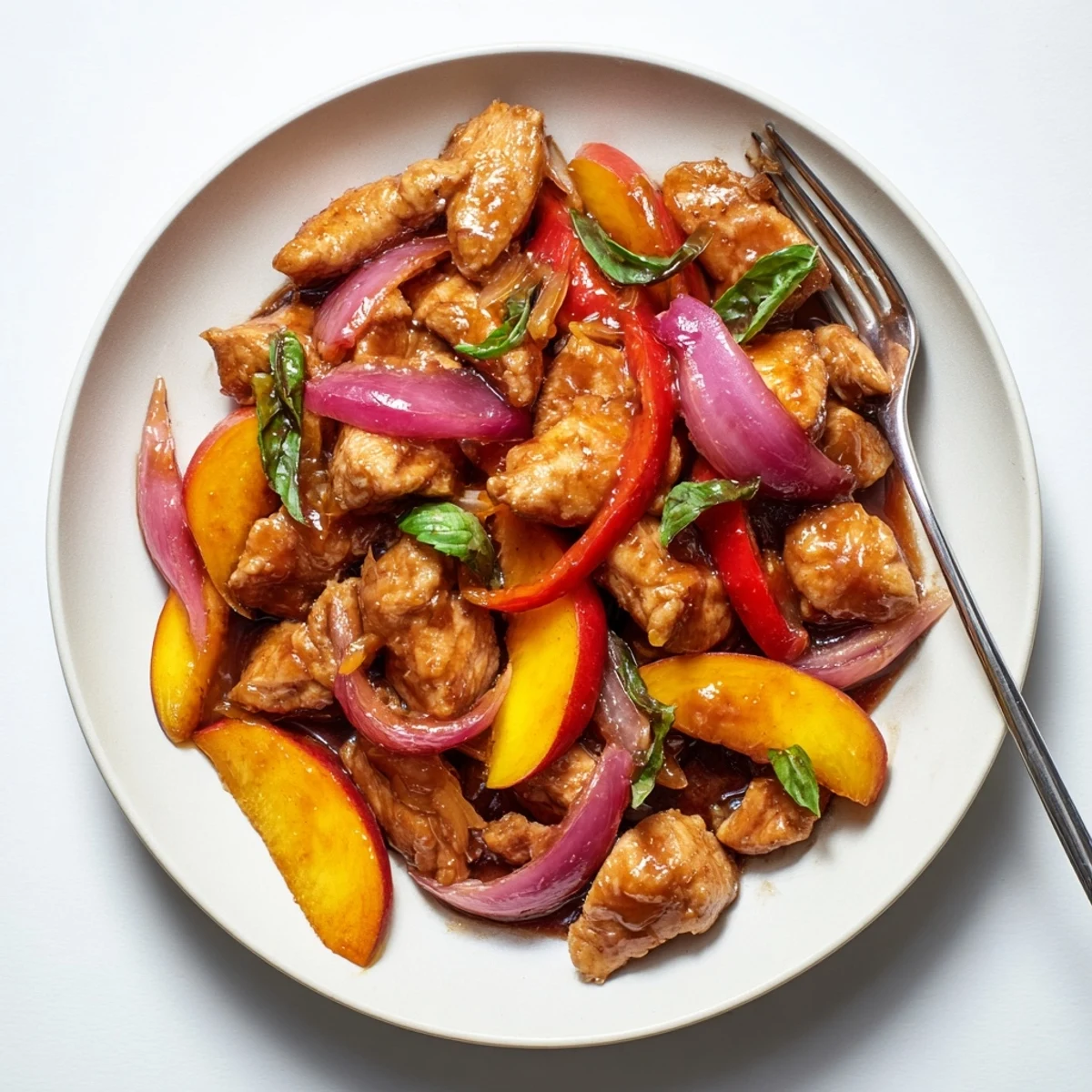 Savory chicken pieces simmered in sweet spicy Thai sauce with juicy ripe peach slices