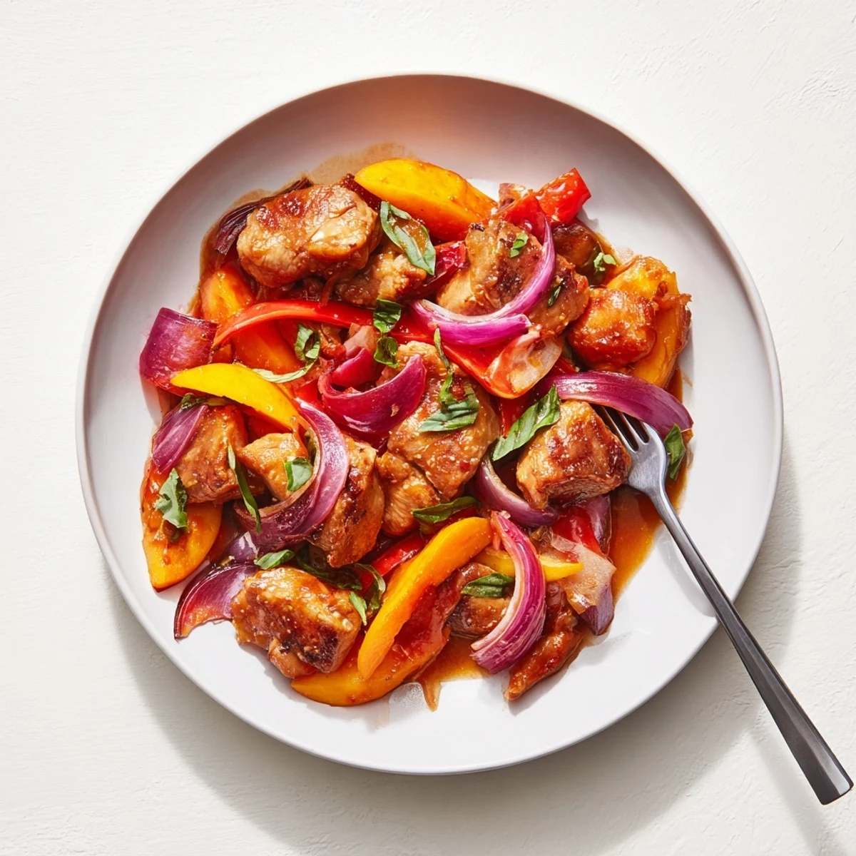 Vibrant Thai peach chicken plated with lime wedges, roasted peanuts, and fragrant herbs