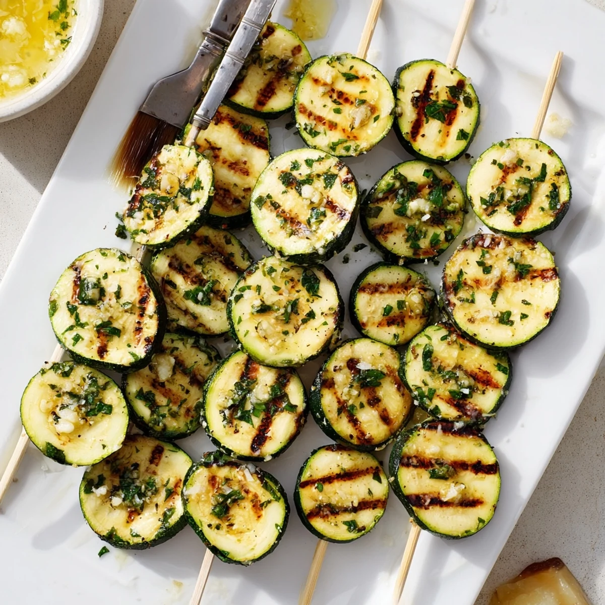 Golden grilled easy garlic butter zucchini skewers with char marks and melted herb butter