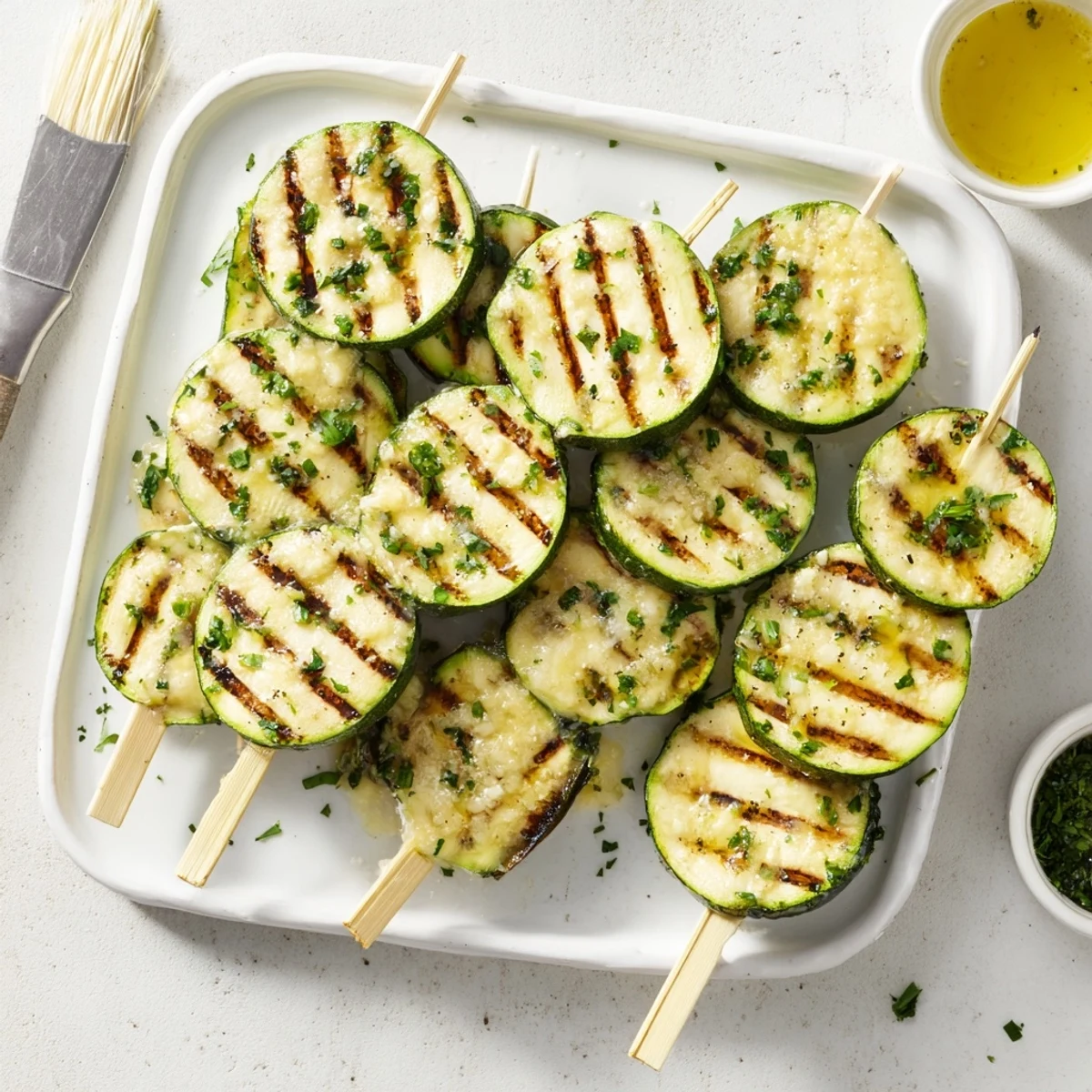 Tender zucchini rounds threaded on skewers brushed with savory garlic butter and fresh parsley