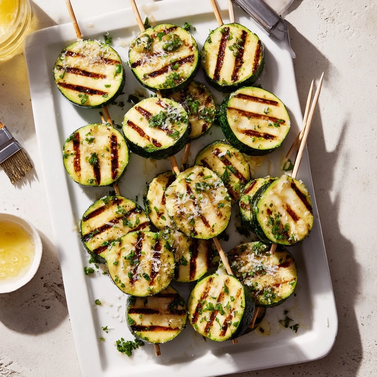 Easy garlic butter zucchini skewers cooking on a grill with rich glaze and green herbs