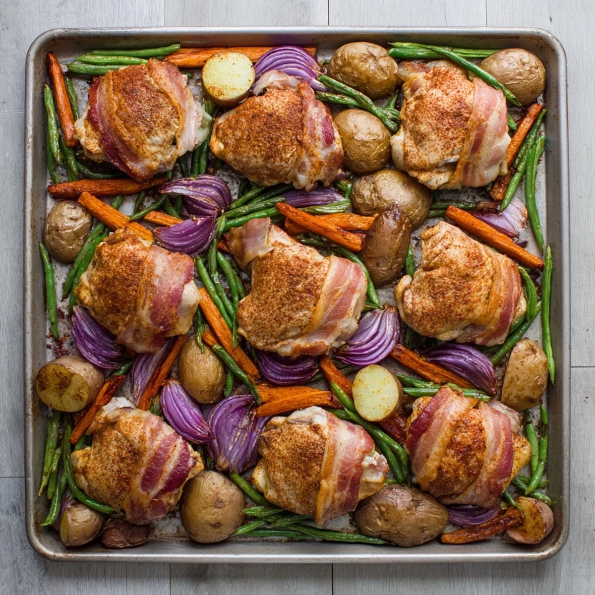 Golden bacon-wrapped chicken thighs roasted with colorful vegetables on a large baking sheet