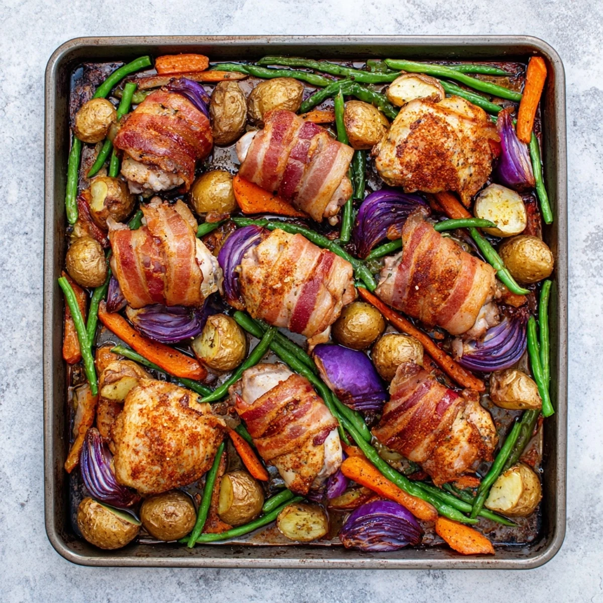 Crispy bacon covering juicy seasoned chicken thighs alongside baby potatoes carrots and onions