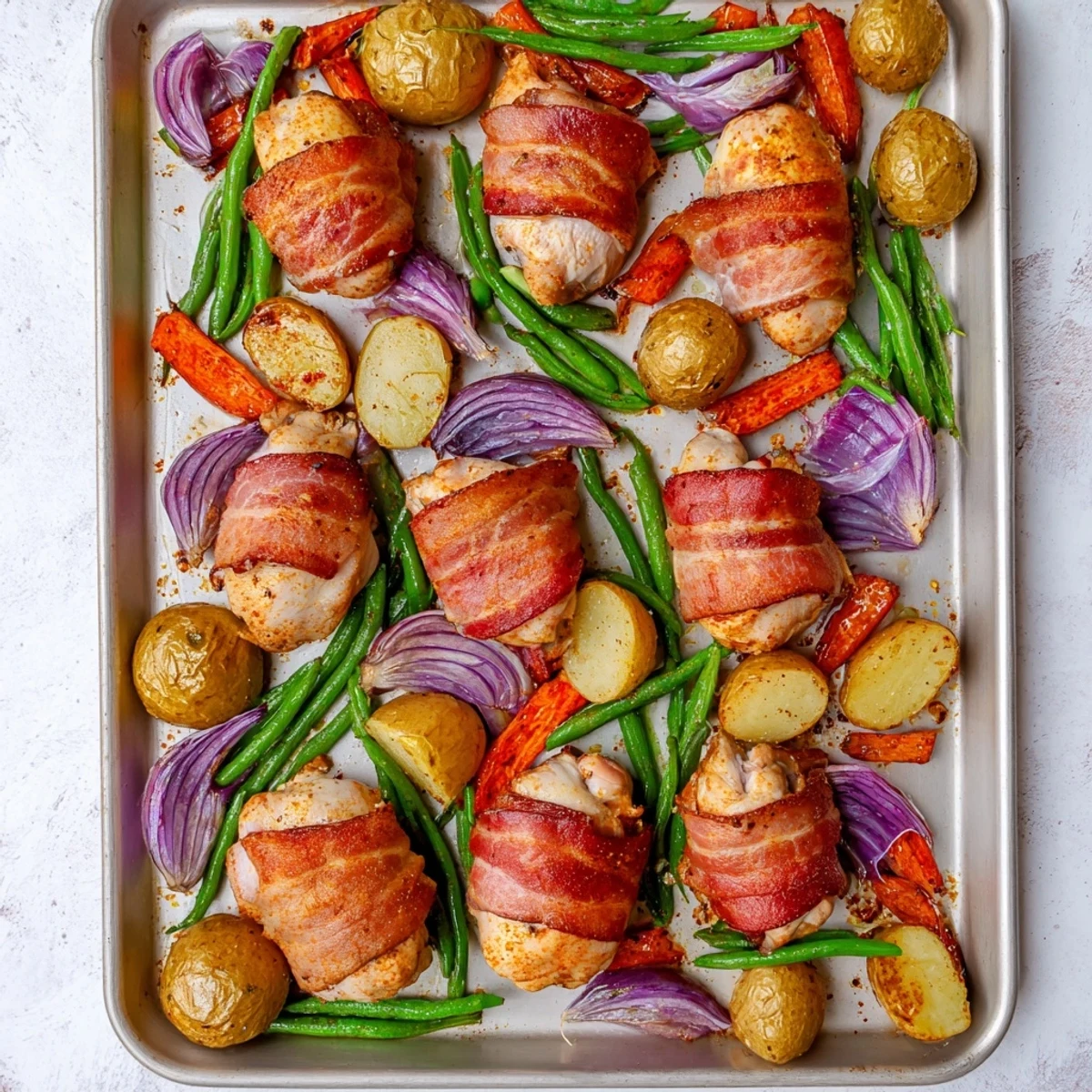 Sizzling tray bake featuring bacon wrapped chicken thighs with roasted vegetables for easy dinner