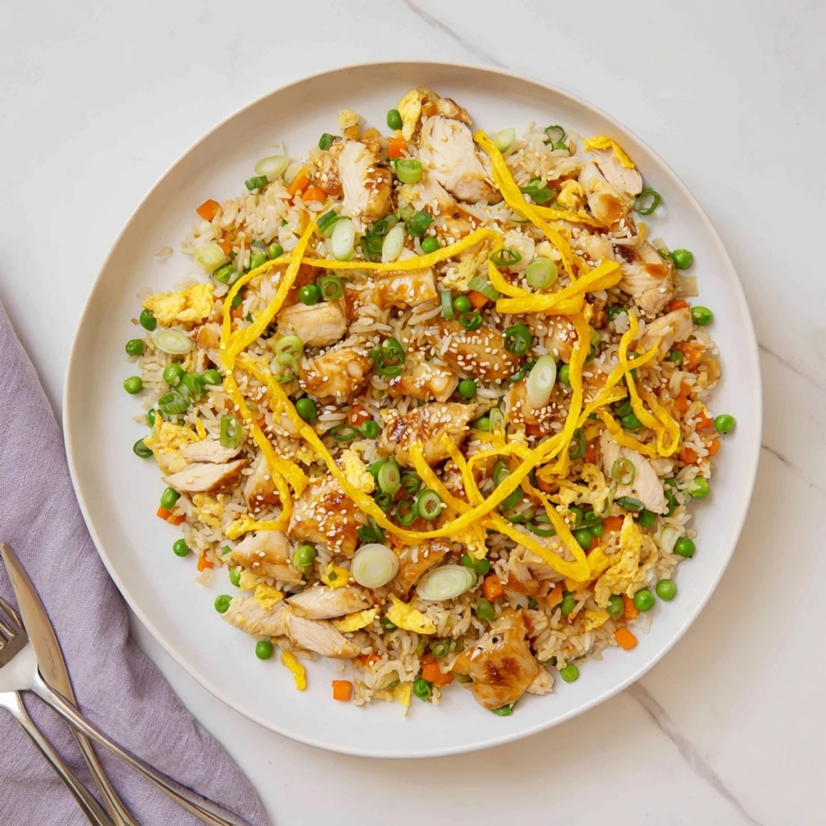 Golden chicken fried rice topped with ribbons of fluffy egg omelette and fresh scallions