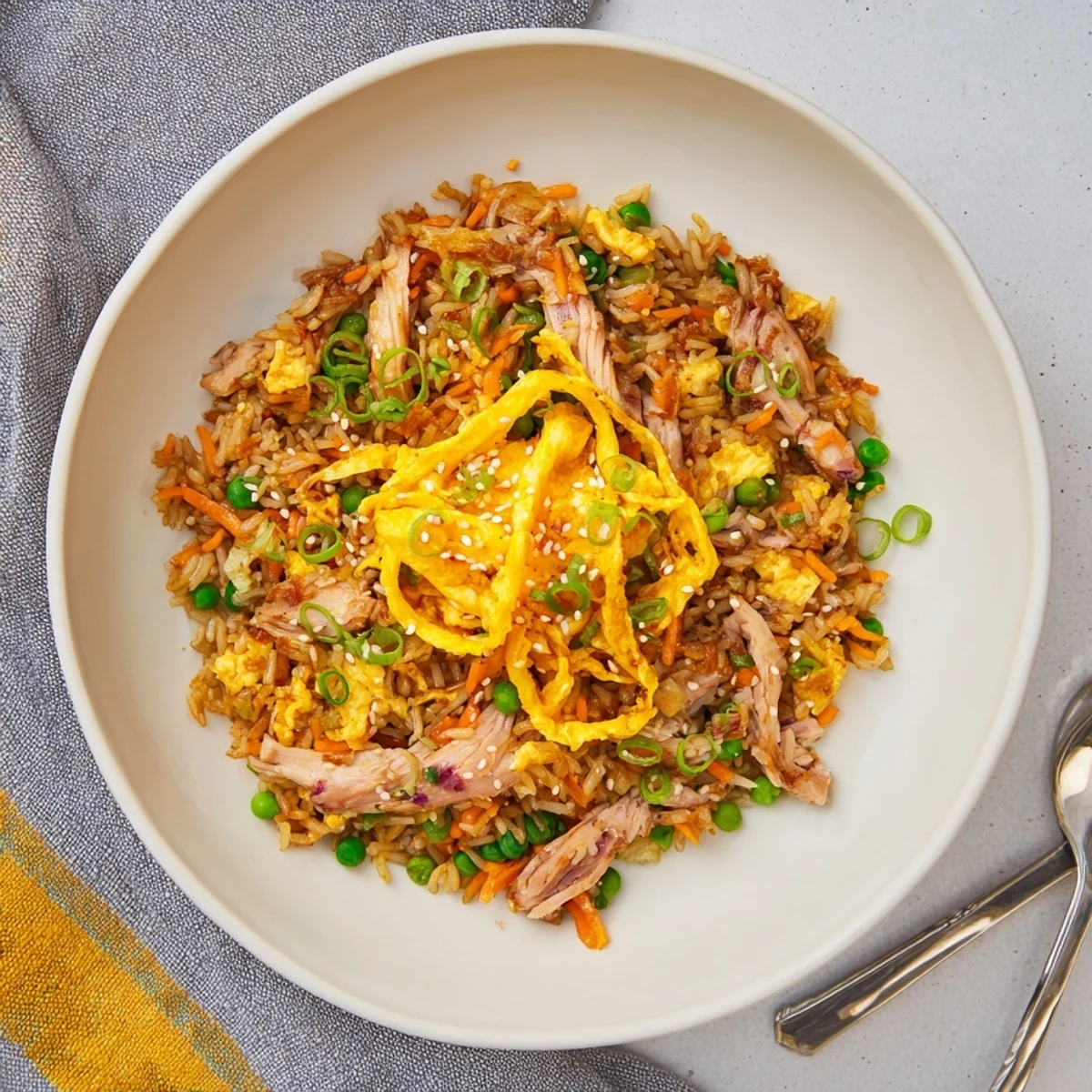 Steaming bowl of chicken fried rice featuring colorful vegetables and sliced golden egg strips