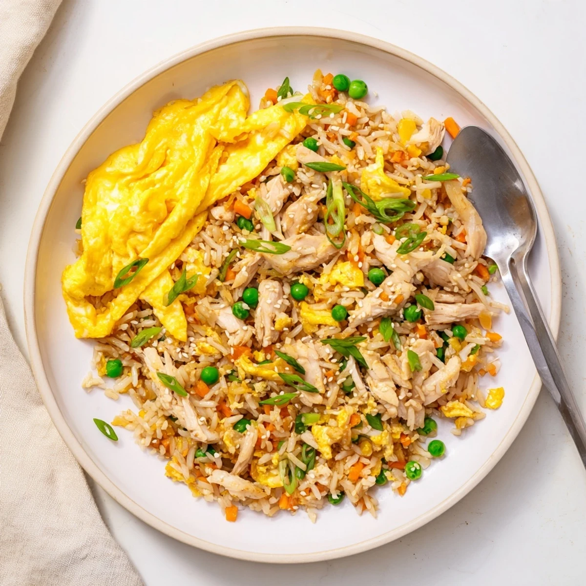 Asian style chicken fried rice garnished with tender omelette ribbons and vibrant vegetables