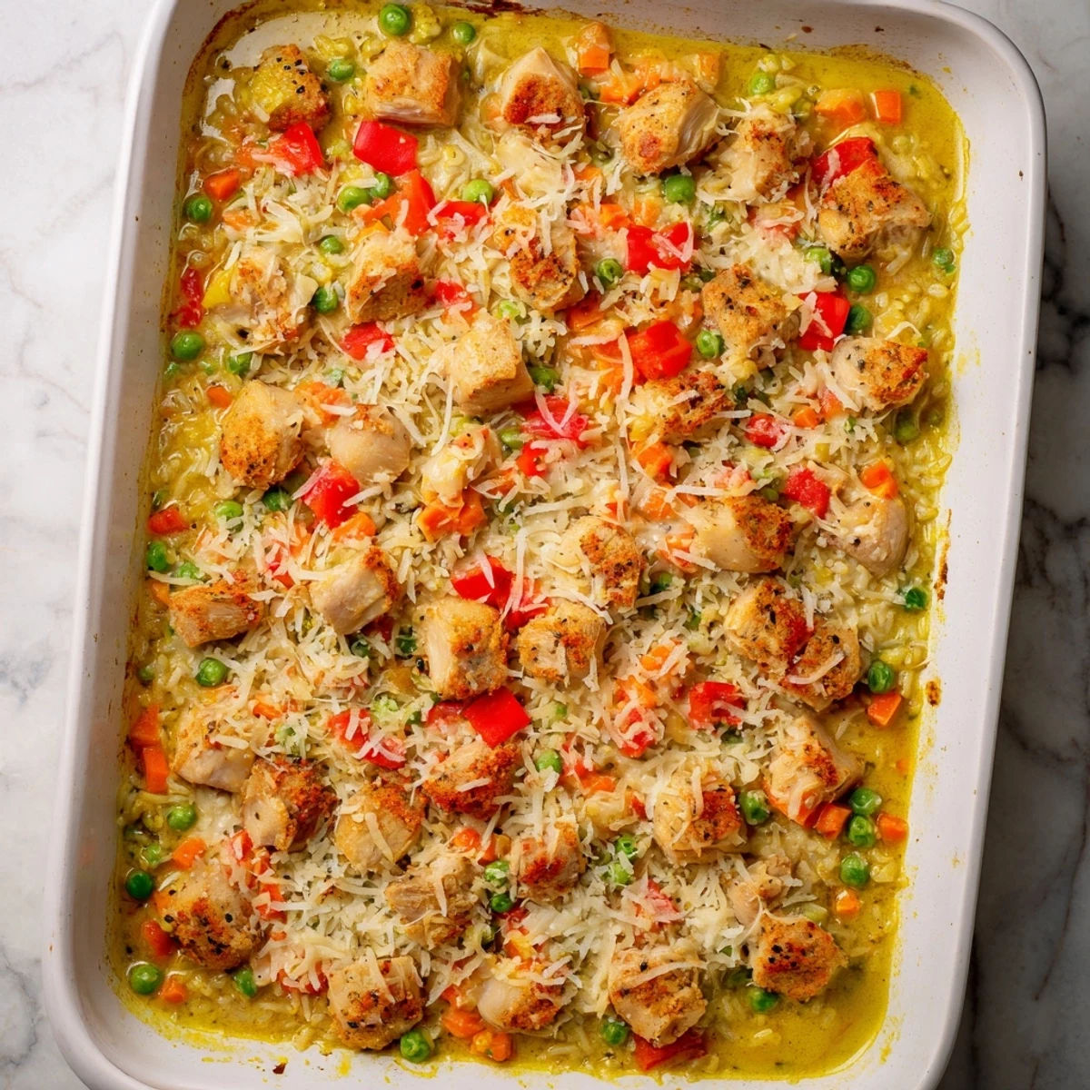 Golden baked Portuguese chicken rice features melted mozzarella over tender chicken in creamy coconut curry sauce