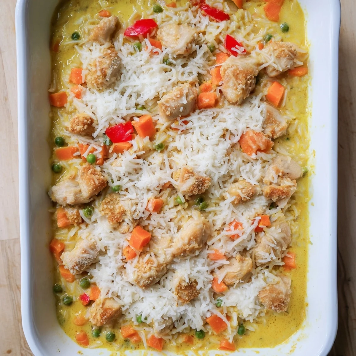 Macau style baked Portuguese chicken rice served bubbling hot with colorful vegetables and golden cheese topping