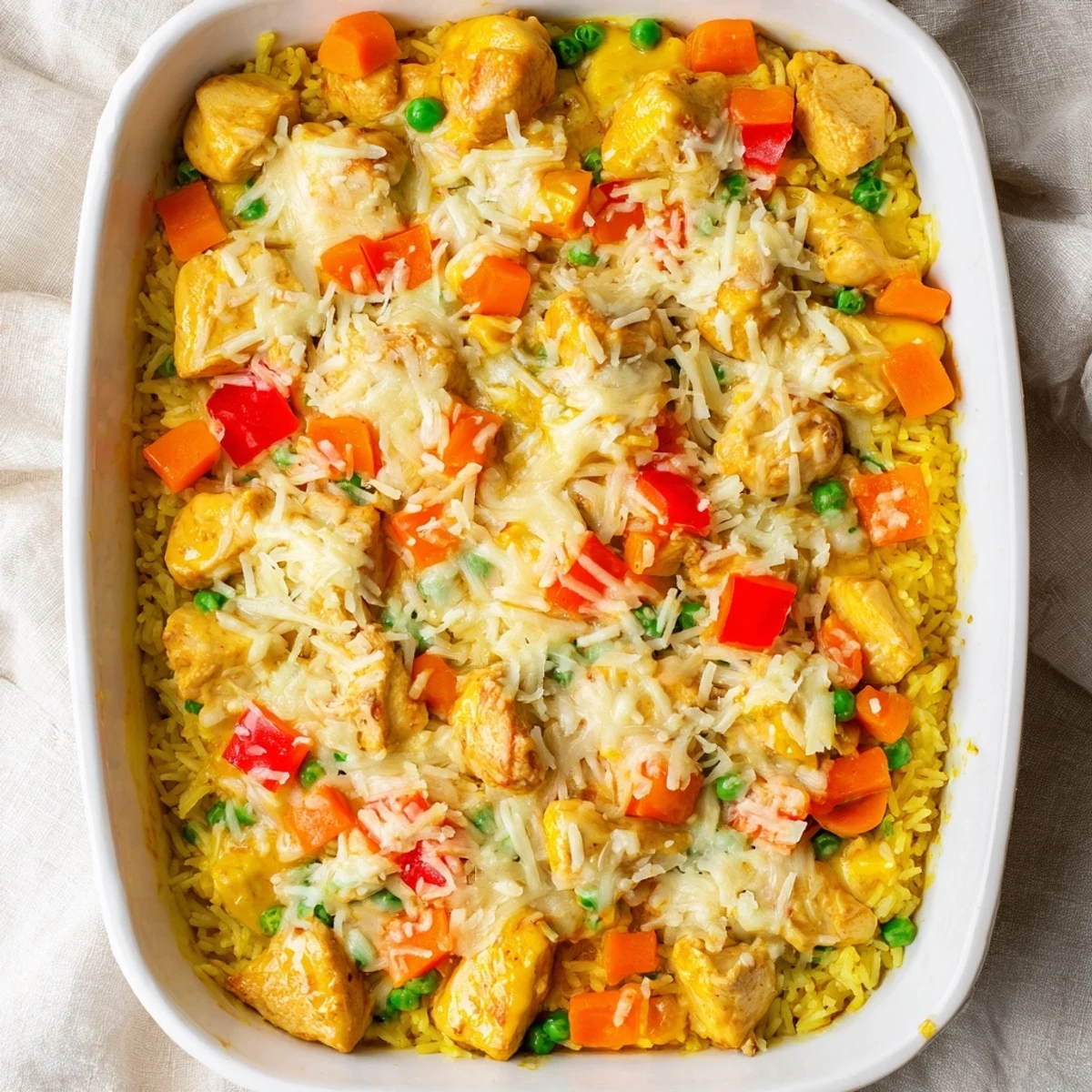 Creamy Portuguese chicken rice casserole with spiced coconut sauce, chicken pieces, and melted Parmesan cheese baked until golden