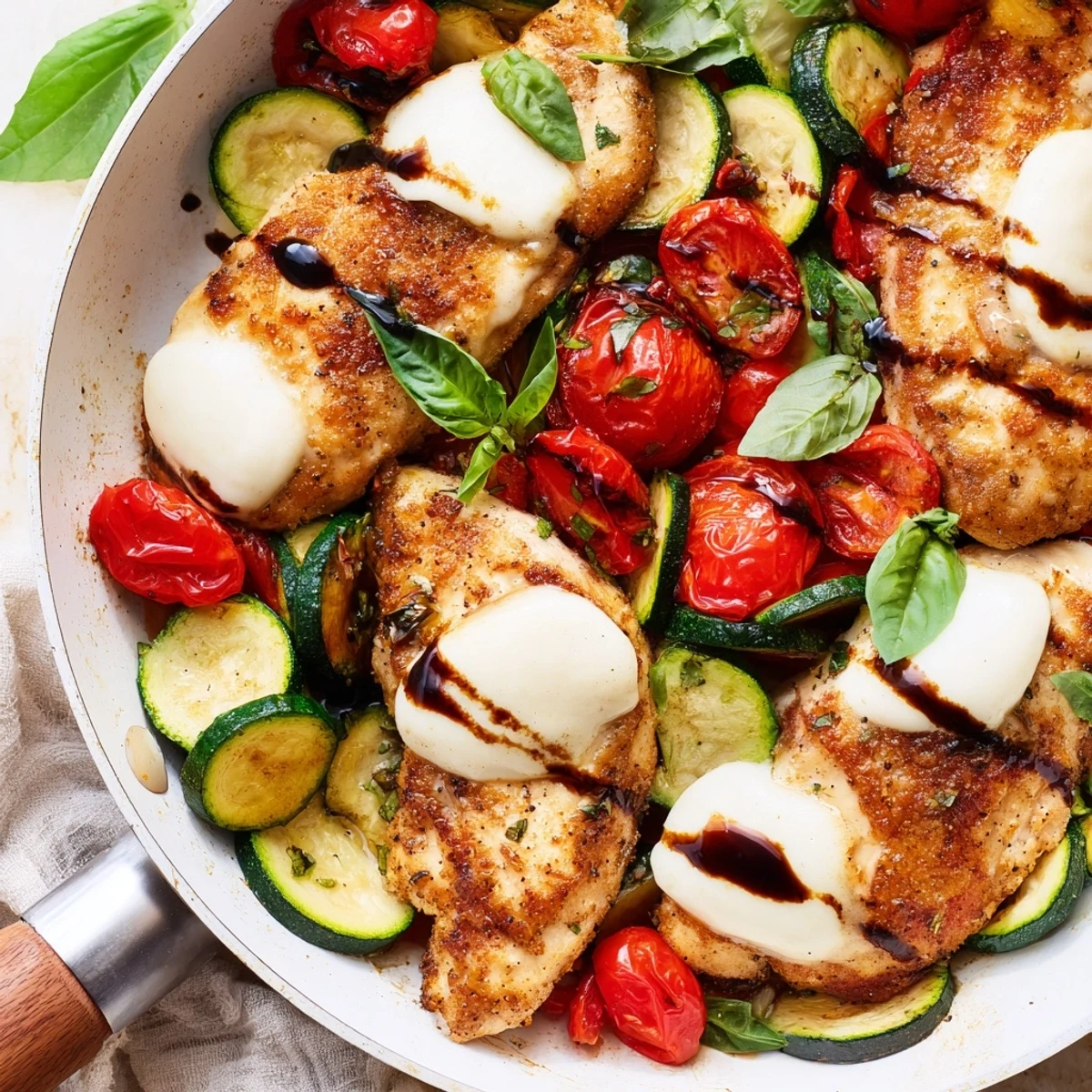 Golden Caprese chicken skillet with melted mozzarella, zucchini, cherry tomatoes, and fresh basil