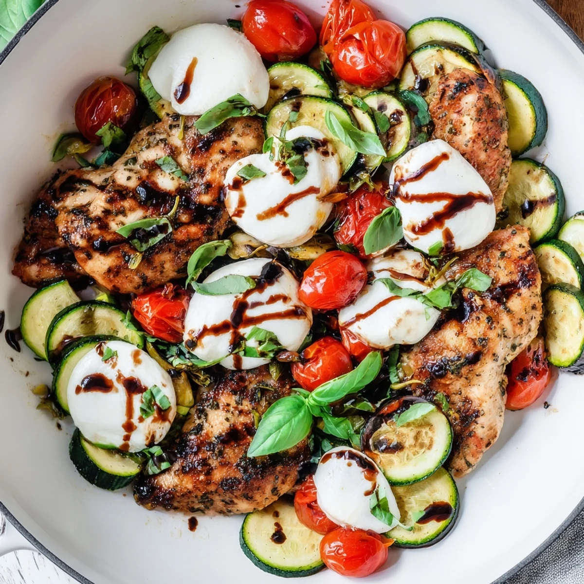Sizzling skillet of juicy Caprese chicken topped with mozzarella over tender zucchini and tomatoes