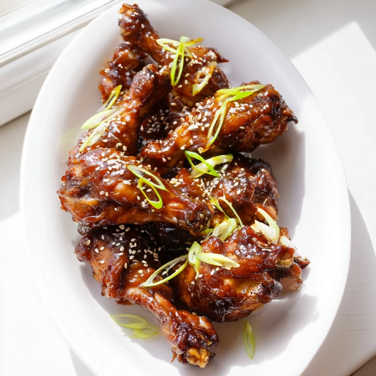 Tender fall-off-the-bone Slow Cooker Asian Glazed Chicken Drumsticks coated in a sticky sweet and tangy soy honey glaze on a serving platter