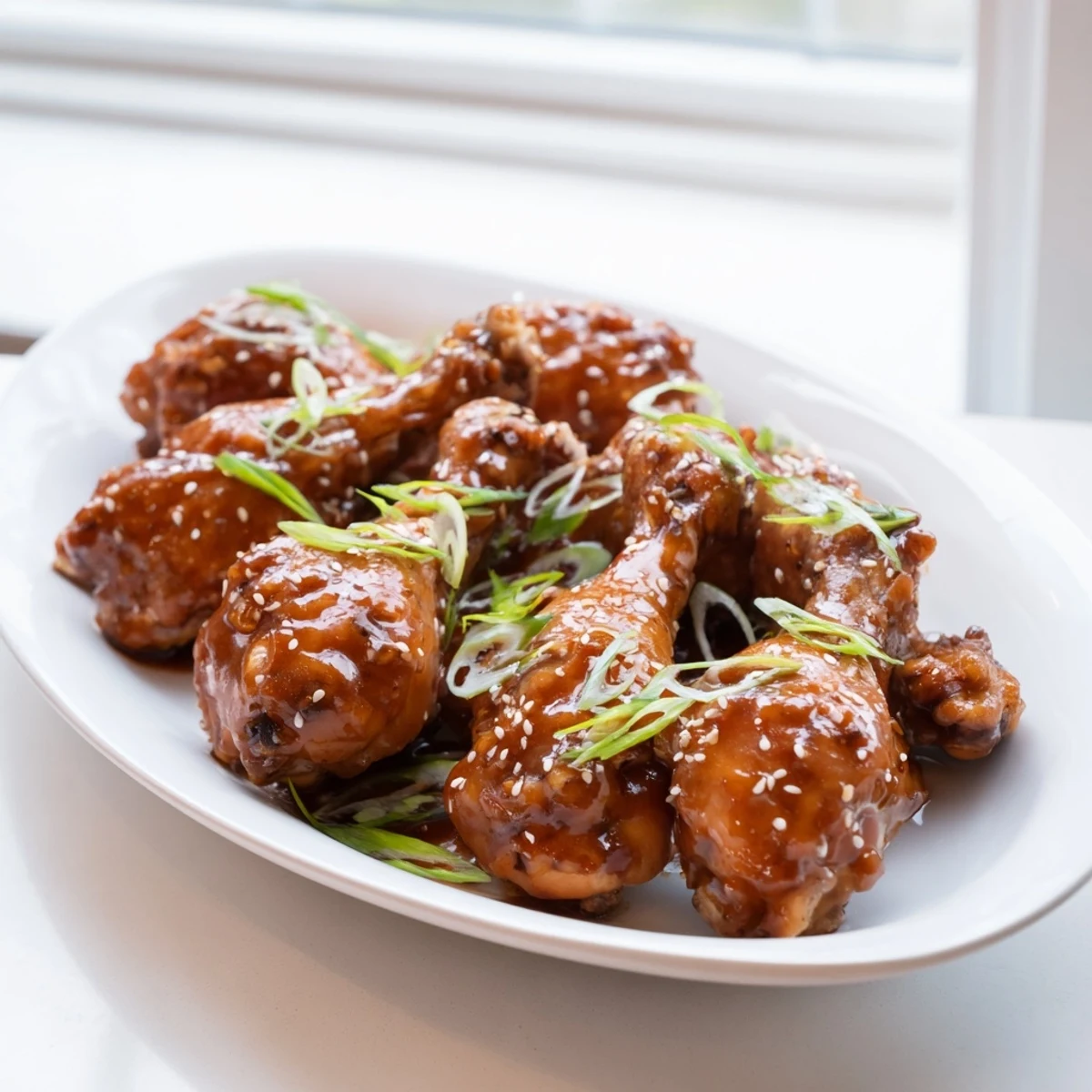Golden brown Slow Cooker Asian Glazed Chicken Drumsticks brushed with thick savory sauce and sprinkled with green scallions and white sesame seeds