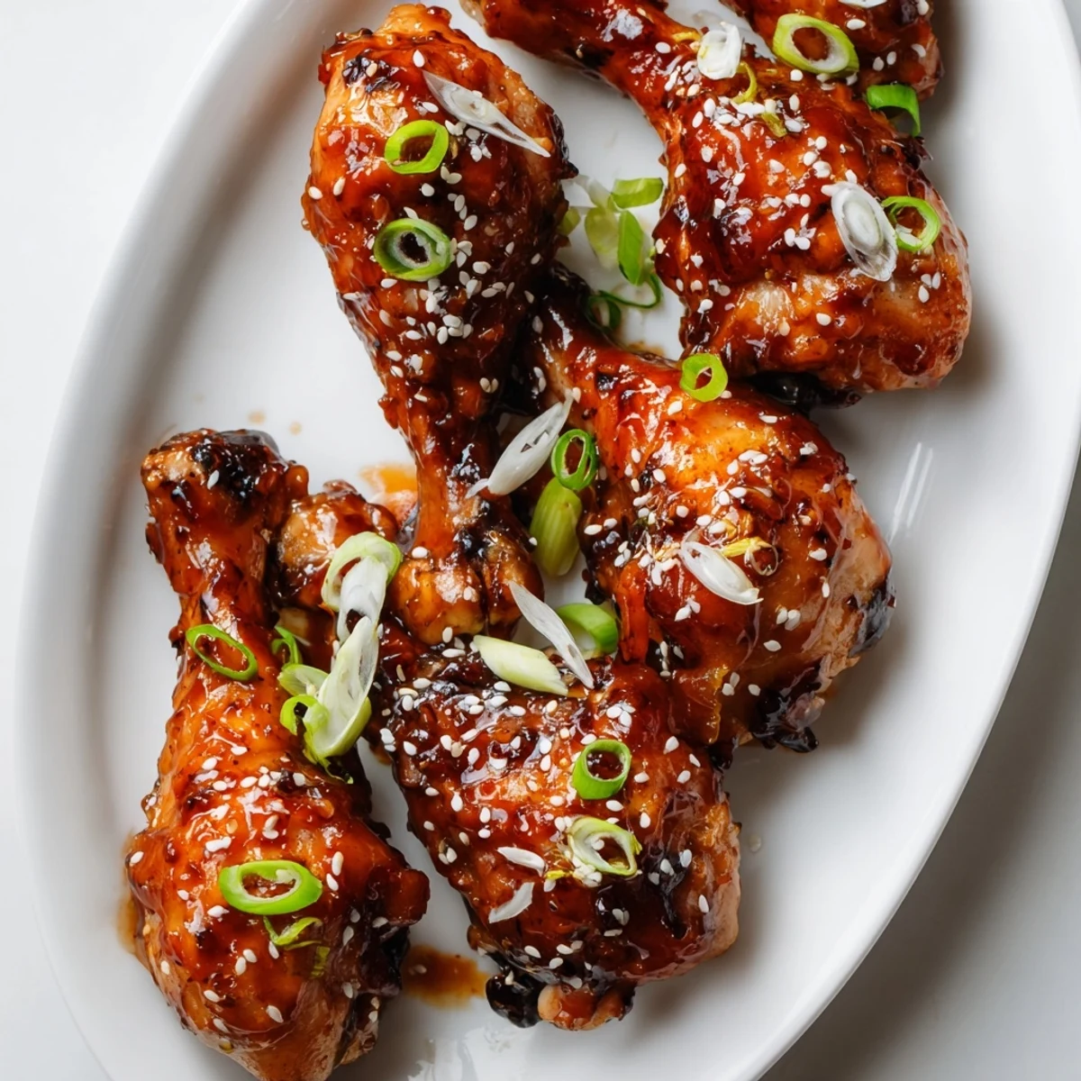 Juicy Slow Cooker Asian Glazed Chicken Drumsticks glistening with caramelized hoisin sauce garnished with fresh scallions and toasted sesame seeds