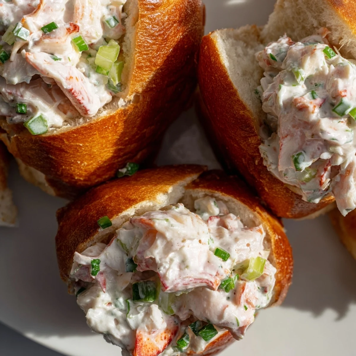 Luscious New England style lobster roll served with lemon wedges on a wooden cutting board