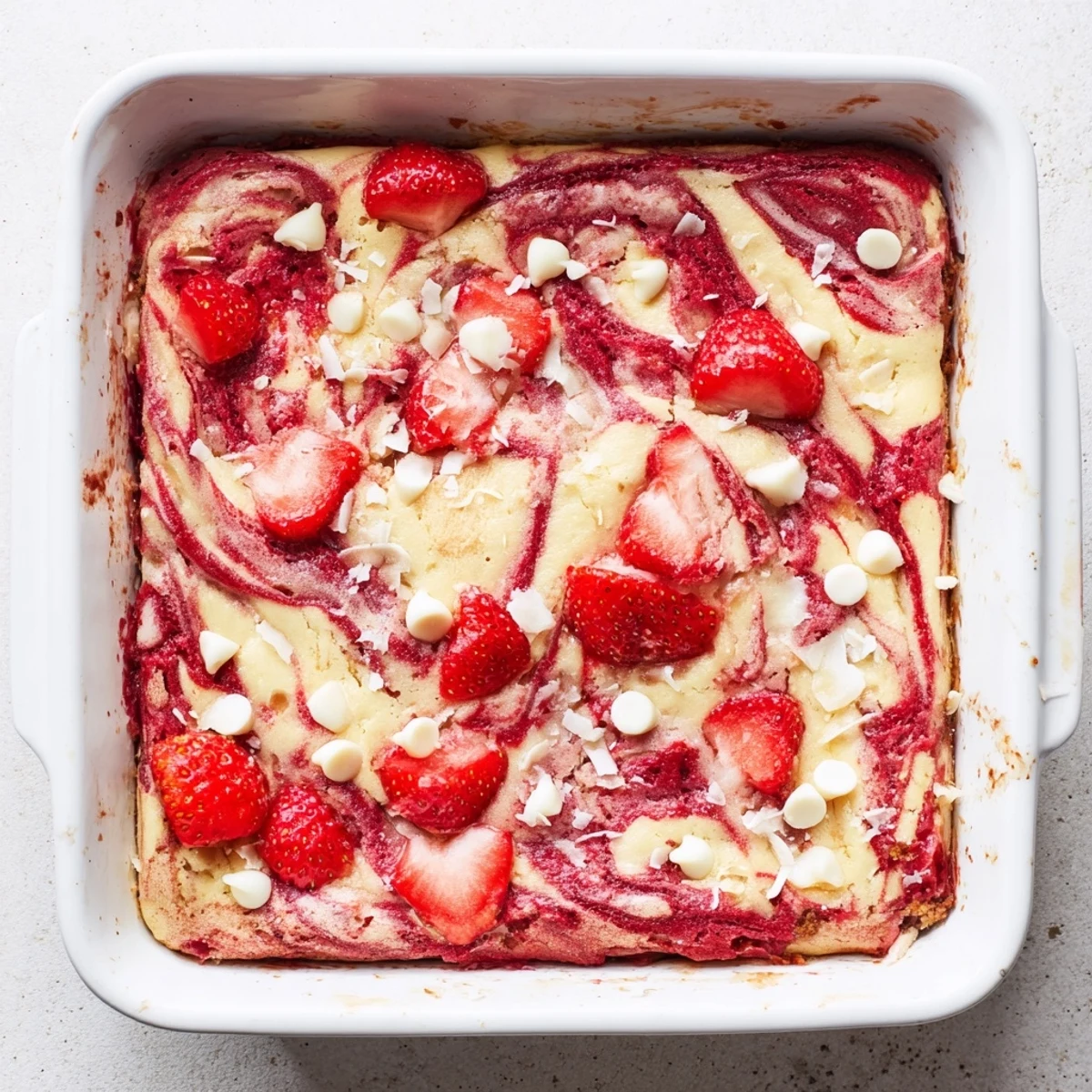 Gooey strawberry earthquake cake with cream cheese swirls and marbled cracks on top