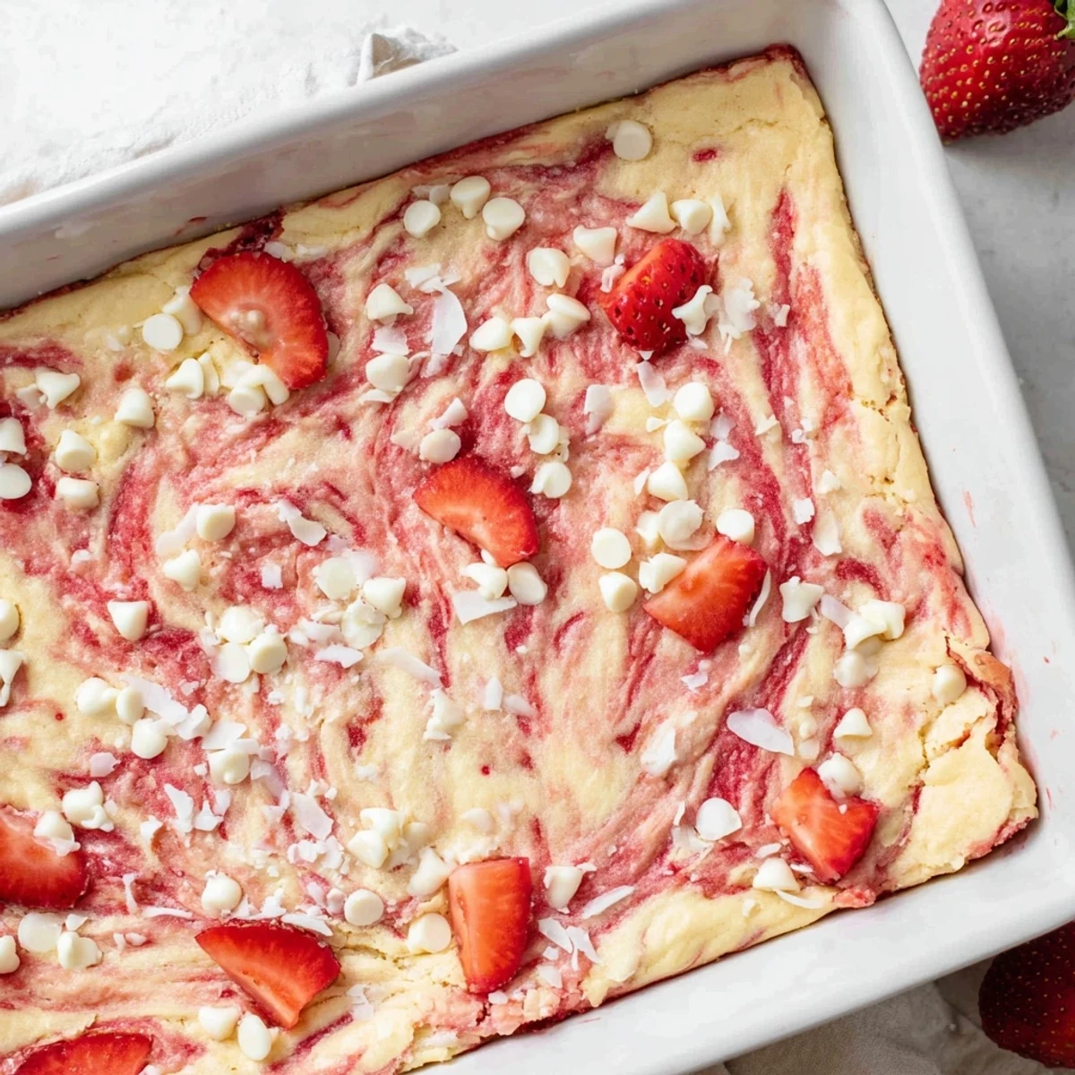 Fresh strawberry earthquake cake sliced showing cream cheese layers and white chocolate chips