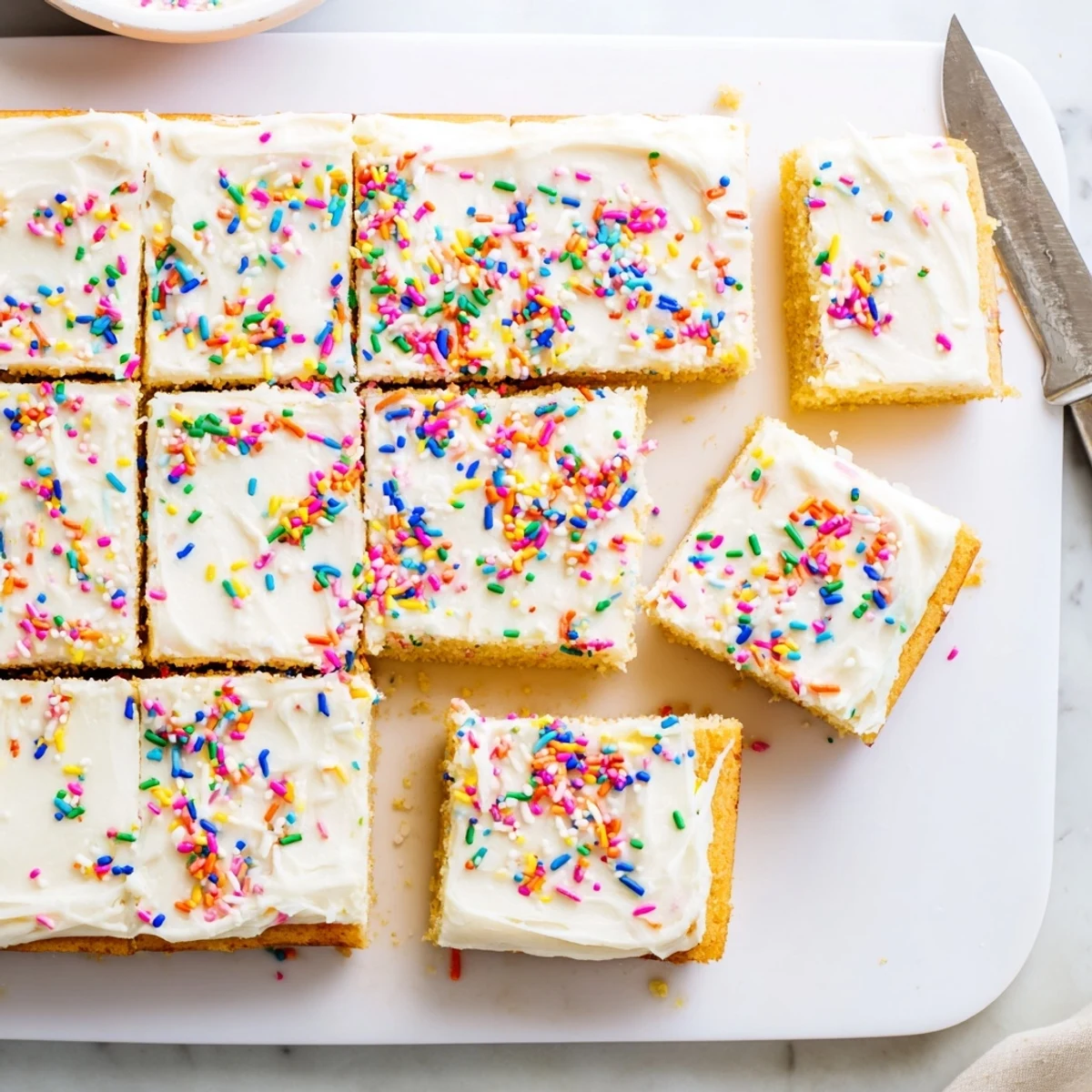 Soft frosted sugar cookie bars with colorful sprinkles on a white serving platter