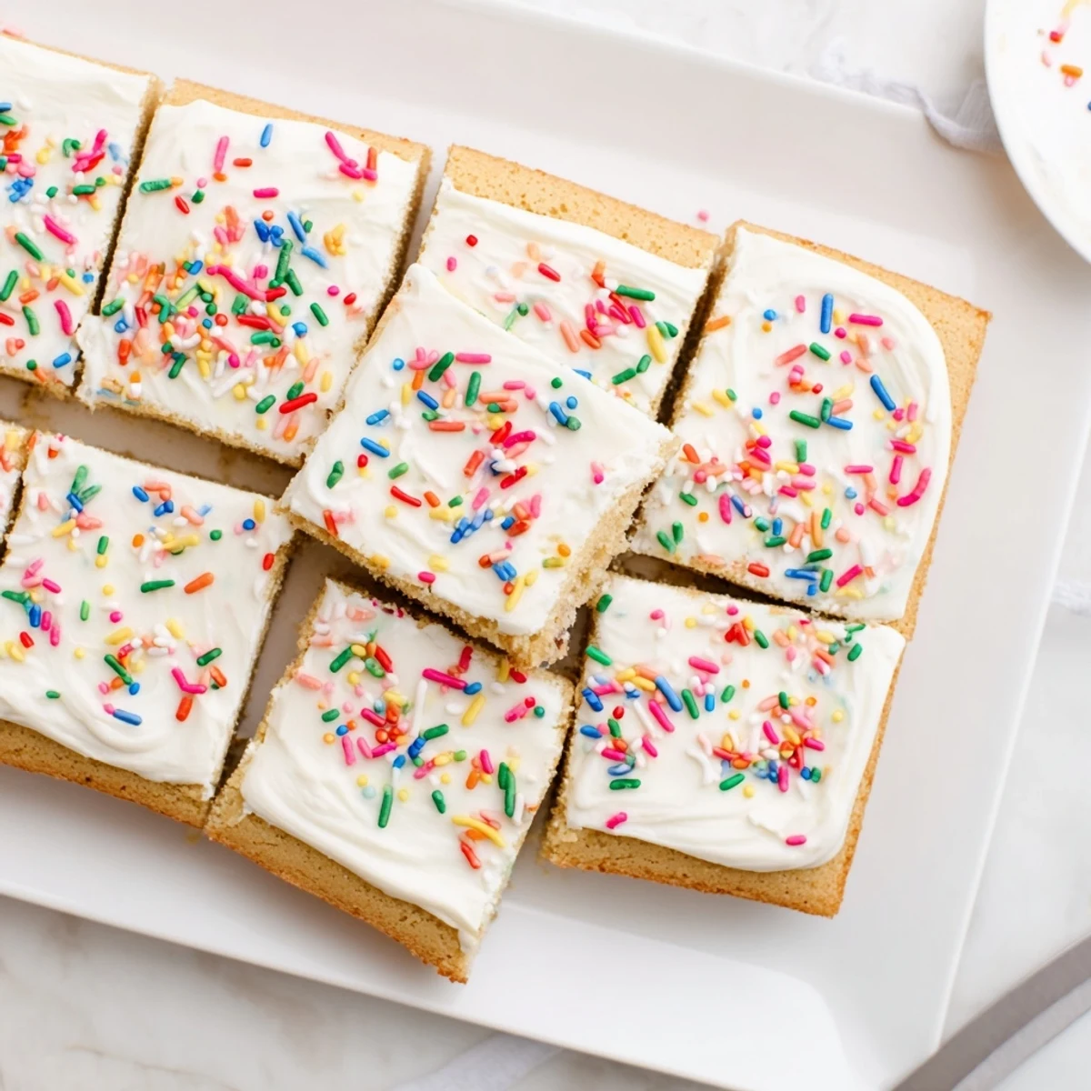 Golden baked sugar cookie bars spread with smooth vanilla frosting and rainbow sprinkles