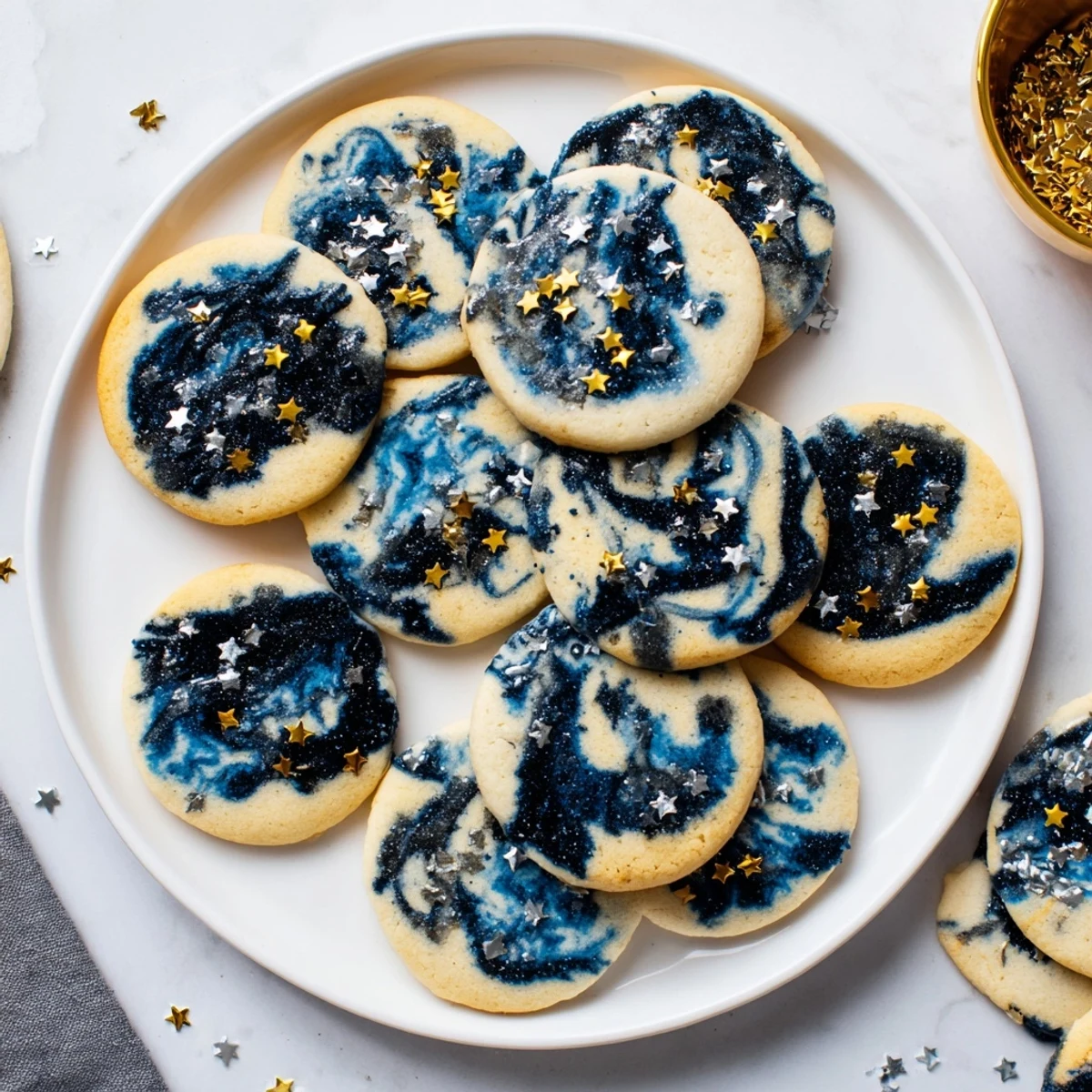 Delicate vanilla Starry Night sugar cookies featuring swirling dark blue icing and sparkling edible gold stars